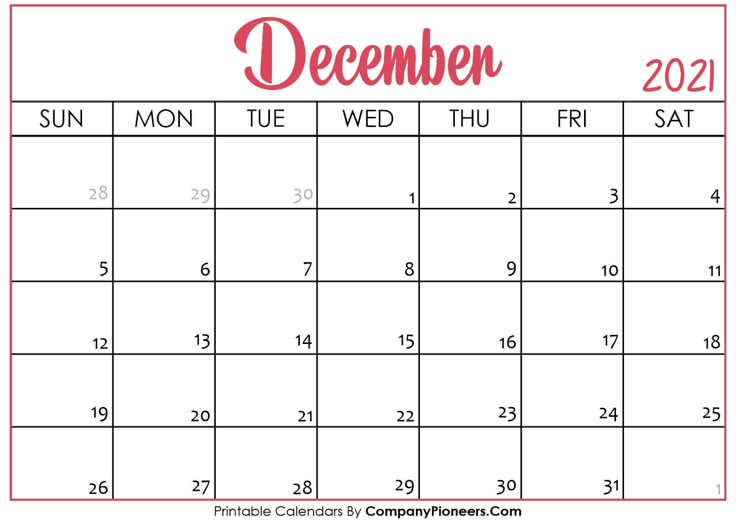 December 2021 Calendar Printable - Printable 2022 Calendars December