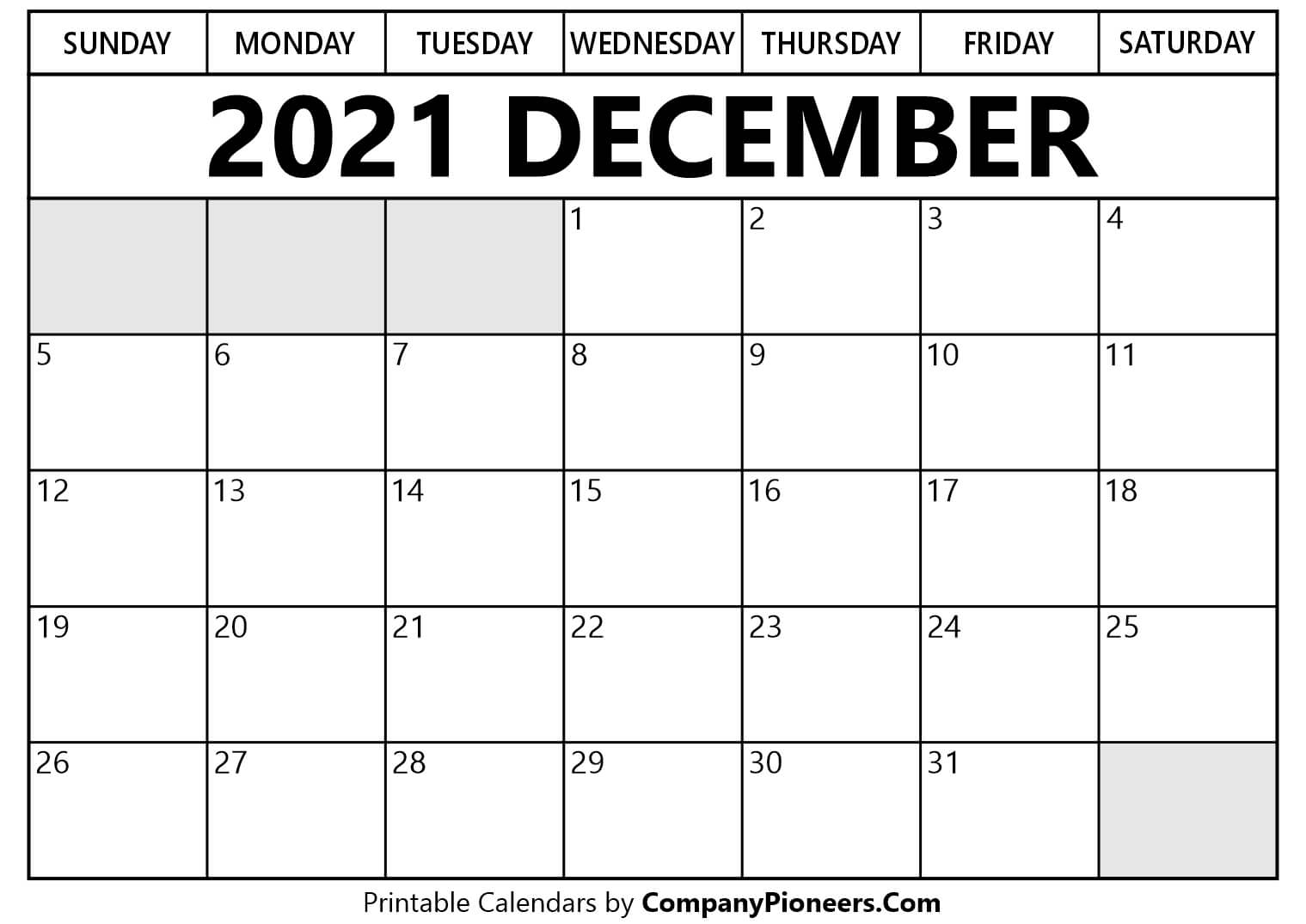 December 2021 Calendar