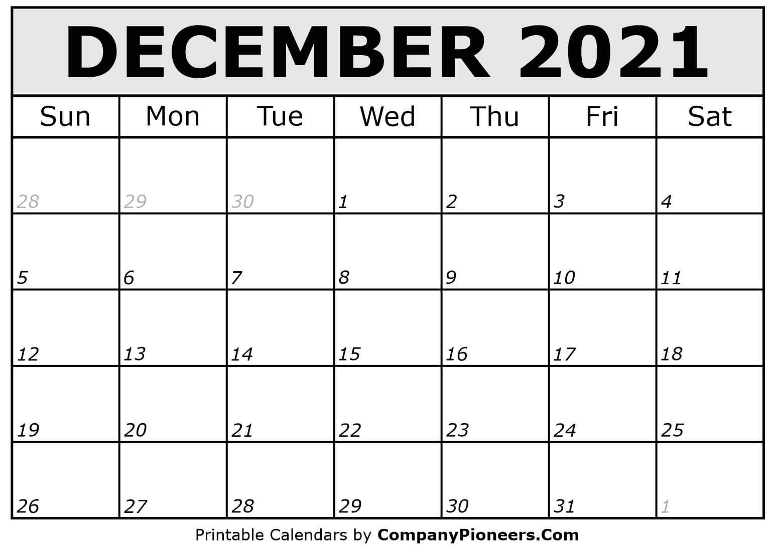 Printable December 2021 Calendar