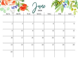 Cute June 2024 Calendar Multi Flower