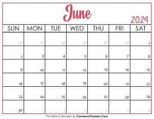 June 2024 Calendar Printable Pink Header