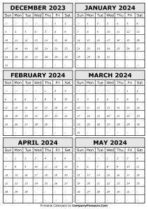 2023 December to 2024 May Calendar