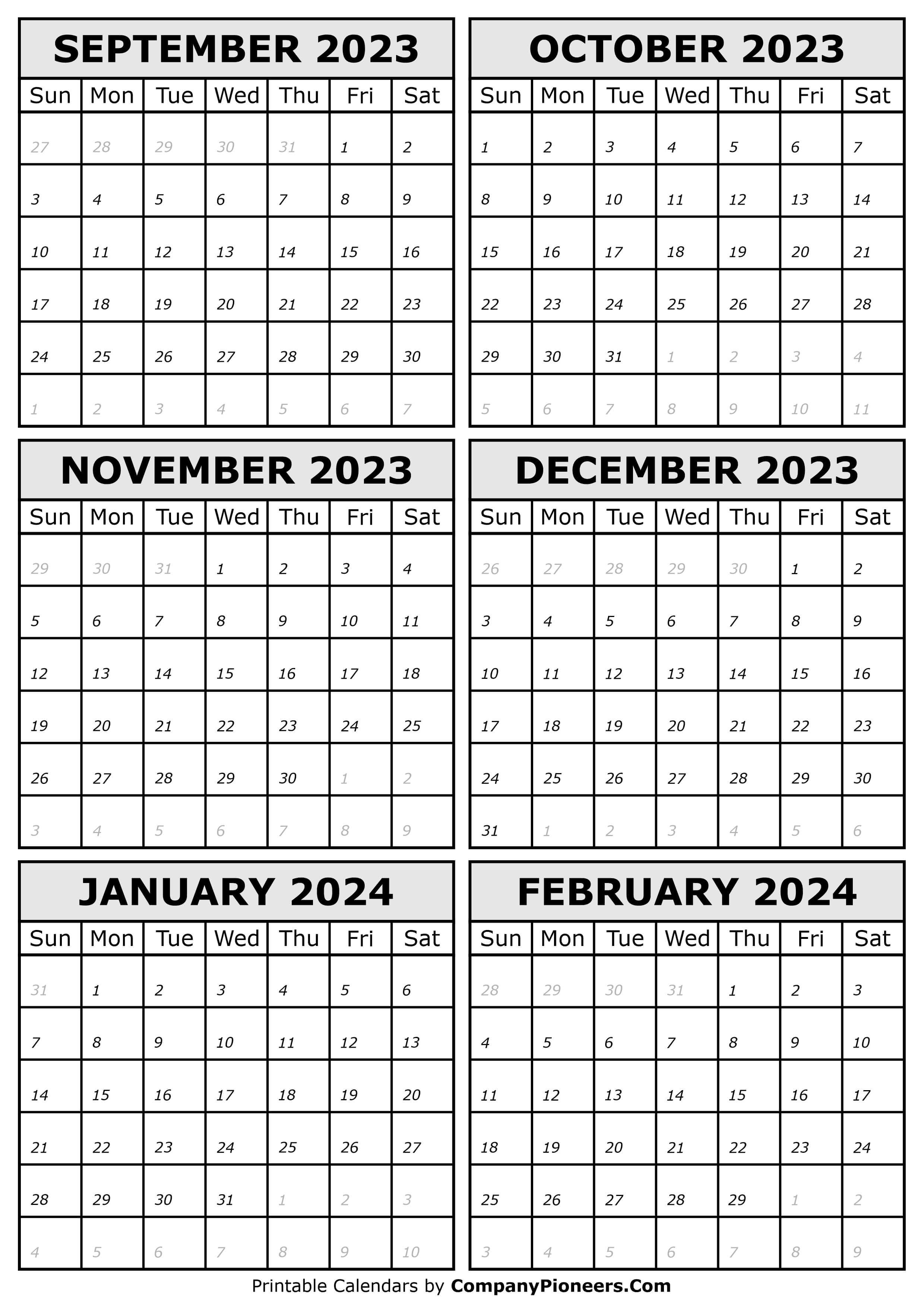 2023 September to 2024 February Calendar