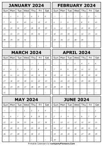 2024 January to 2024 June Calendar