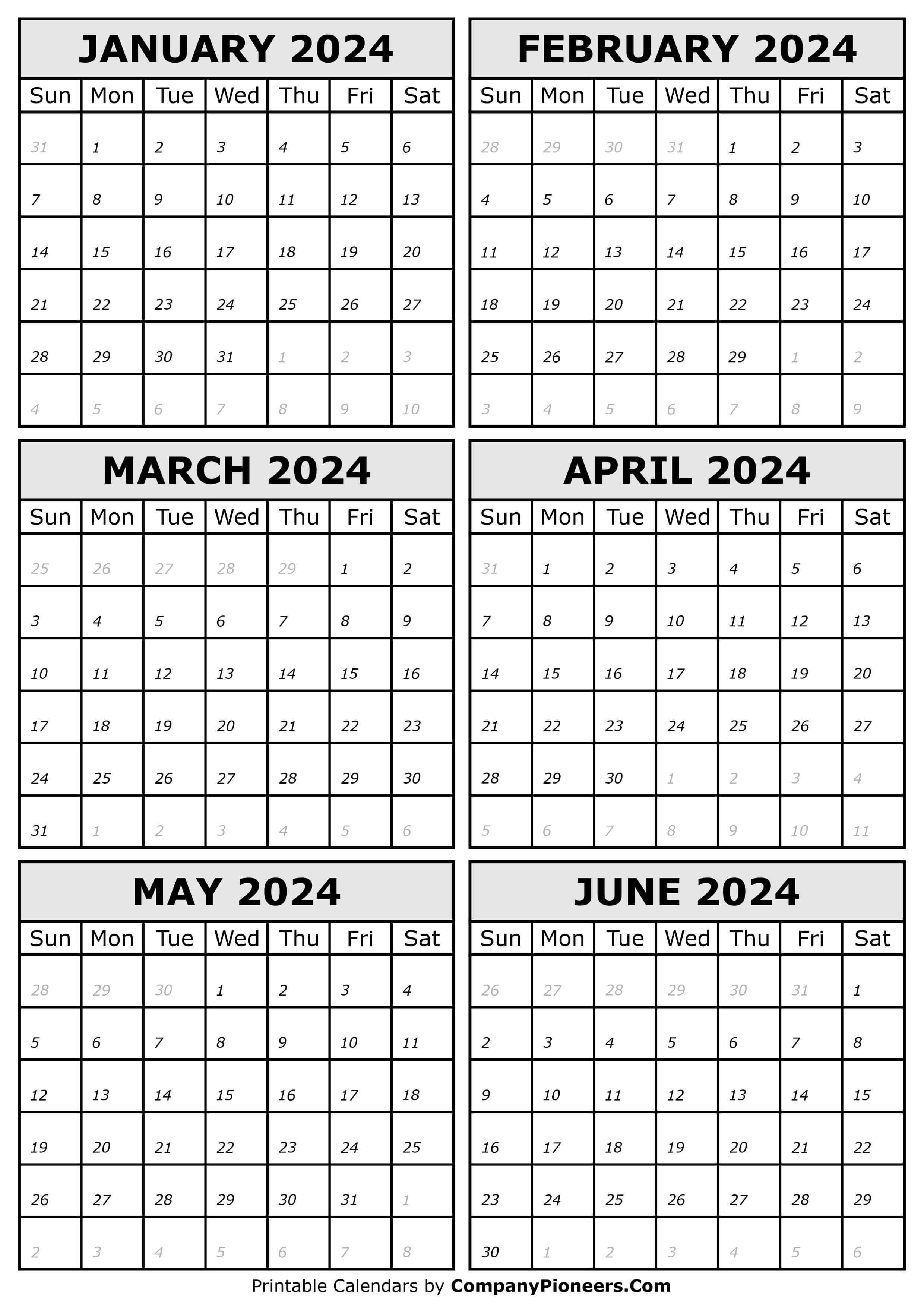 2024 January to 2024 June Calendar