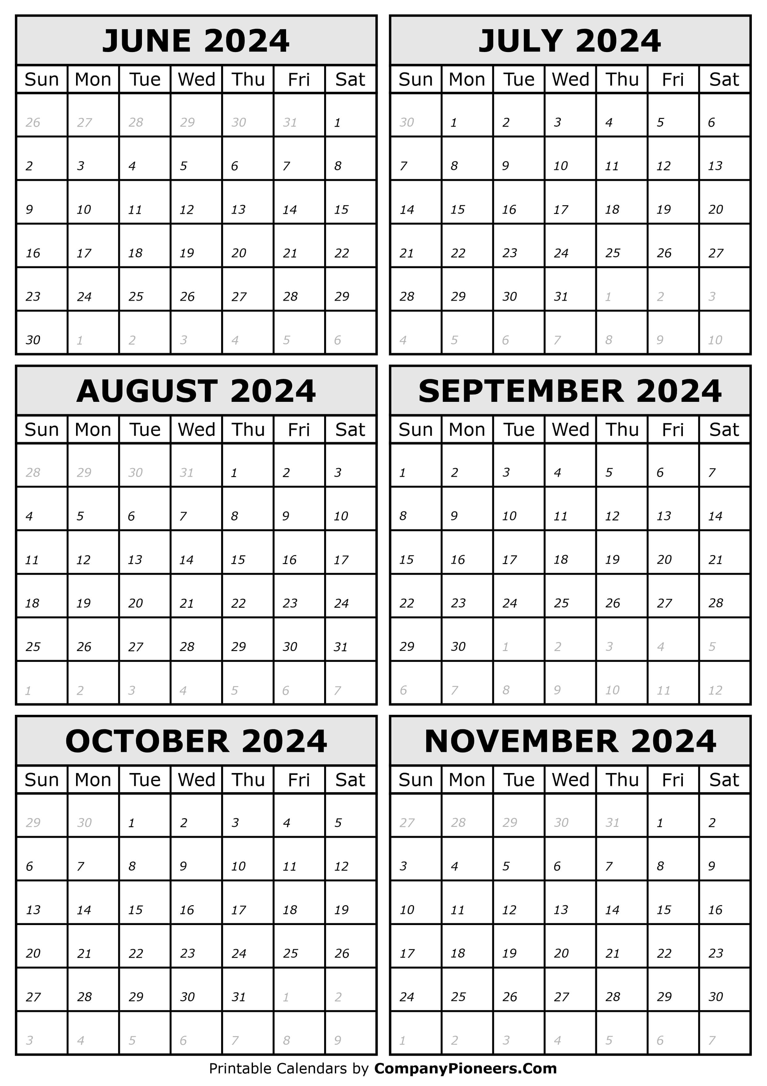 2024 June to November Calendar