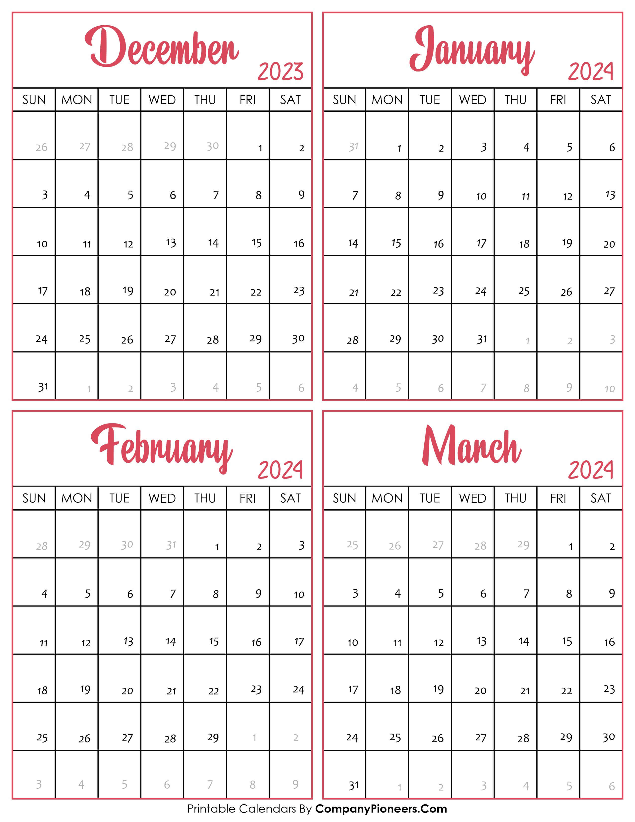 Calendar December 2023 January February March 2024