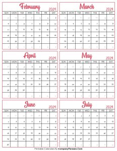 Calendar February to July 2024