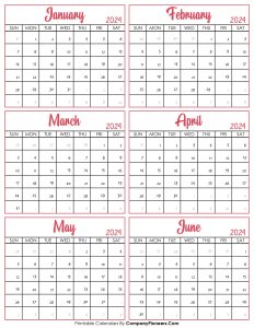 Calendar January 2024 to June 2024