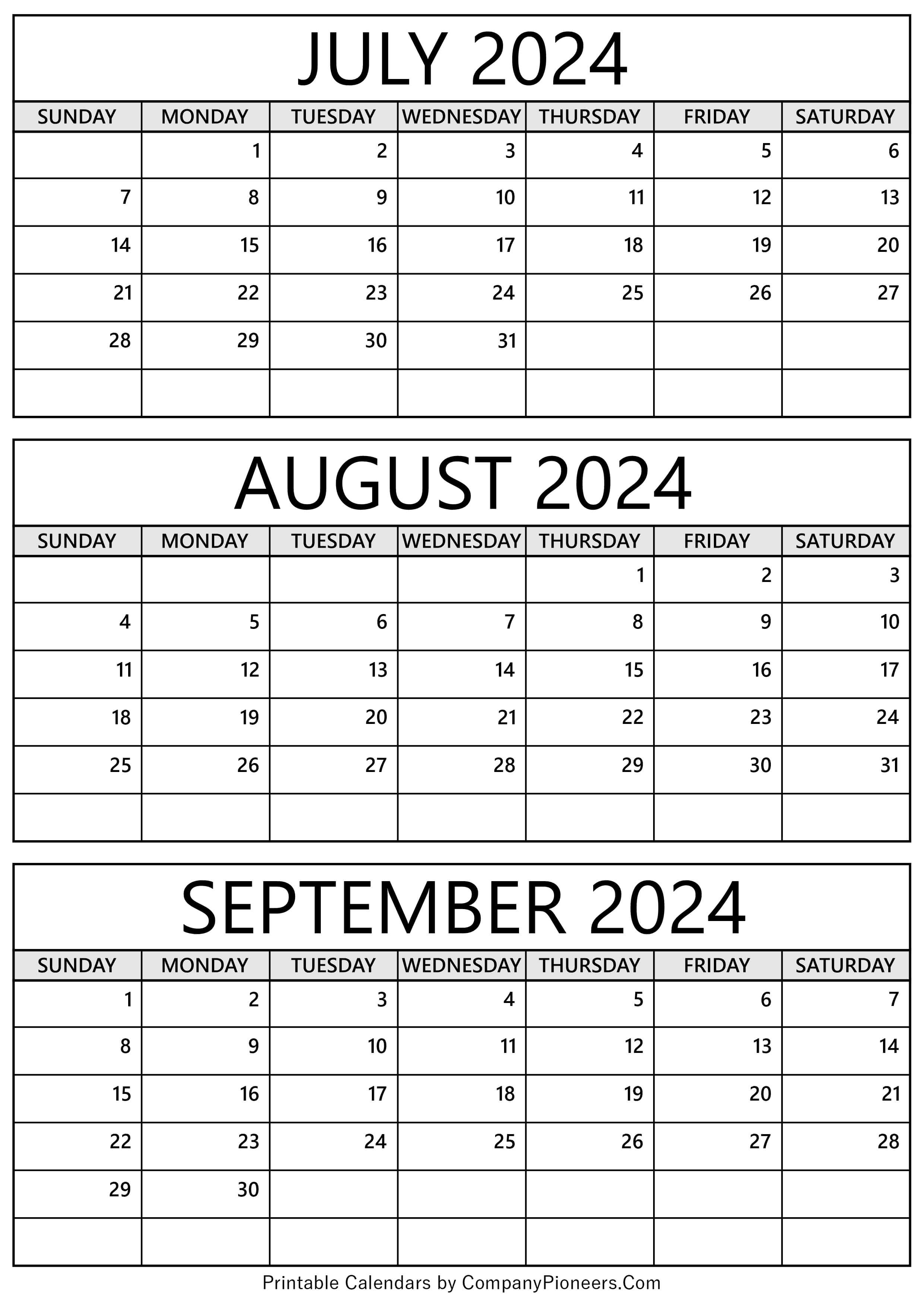 Calendar July August September 2024