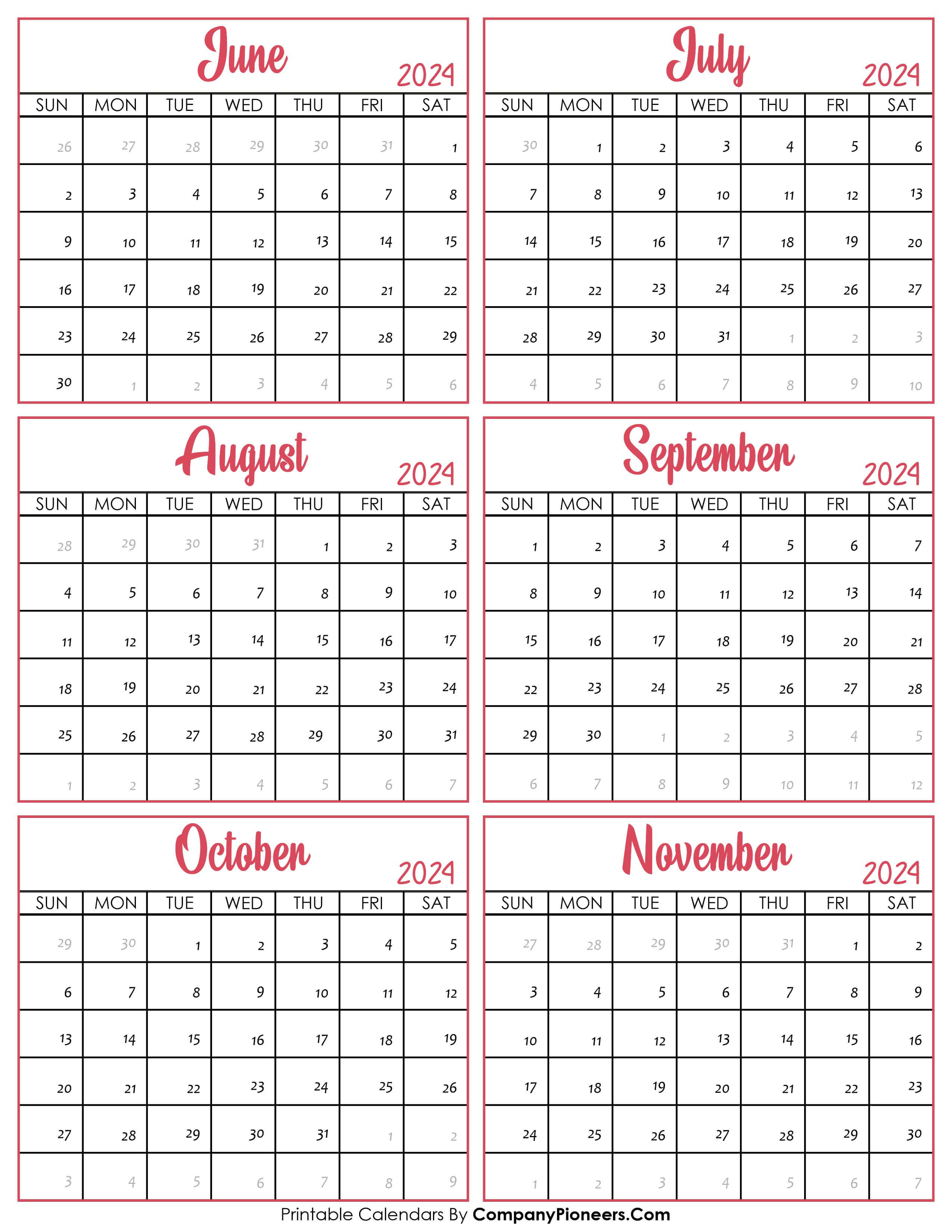 Calendar June to November 2024