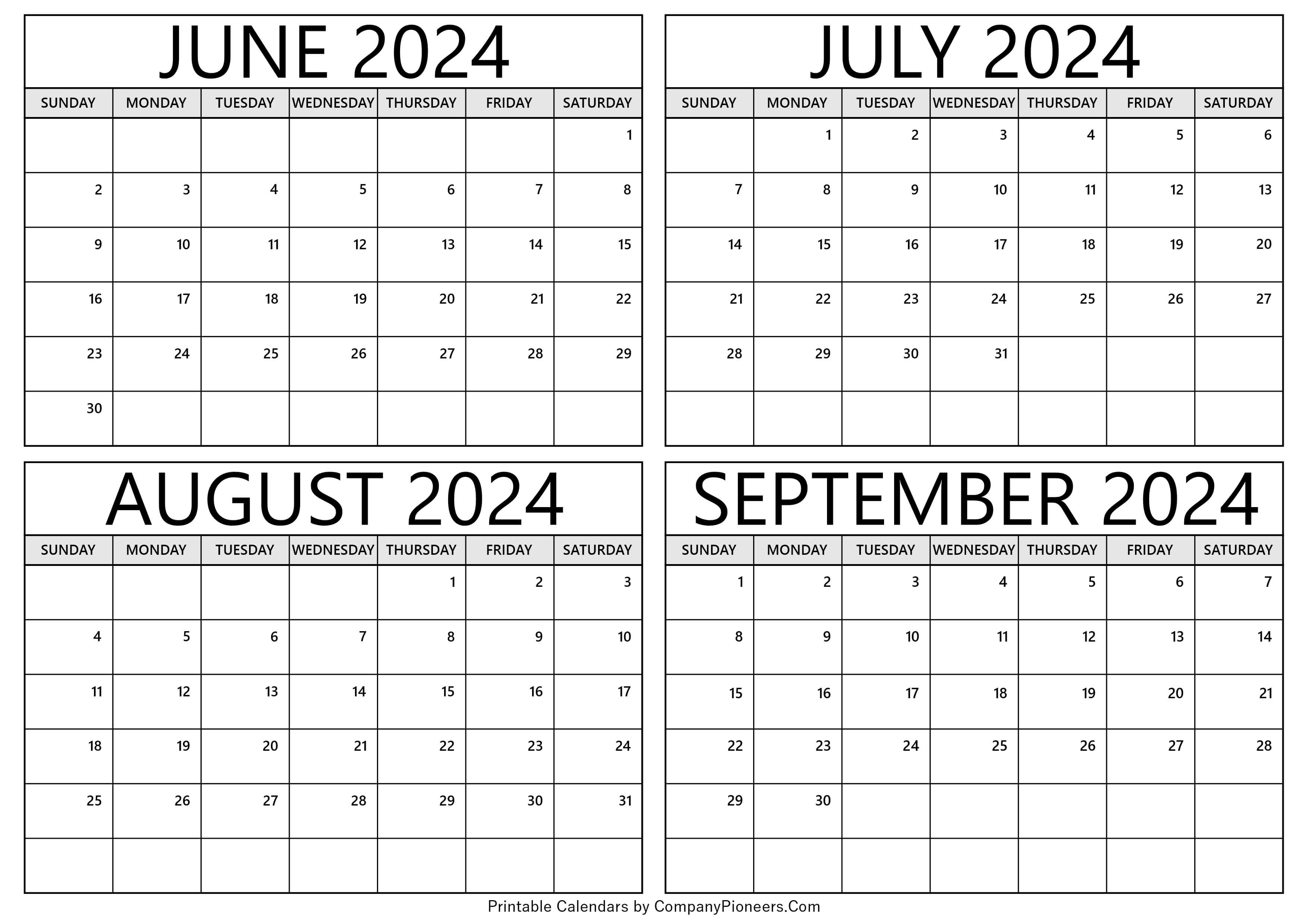 Calendar June to September 2024
