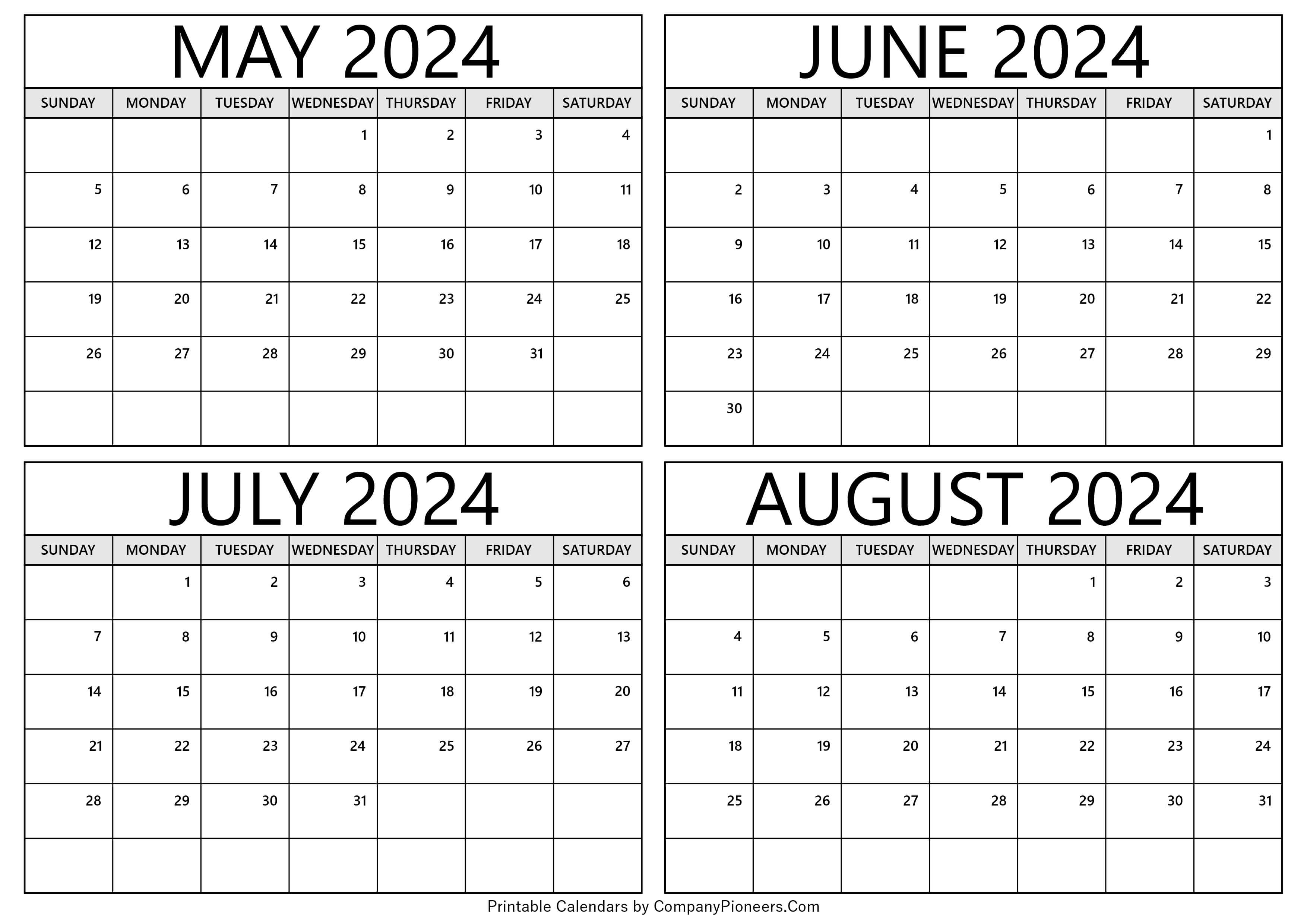 Calendar May to August 2024