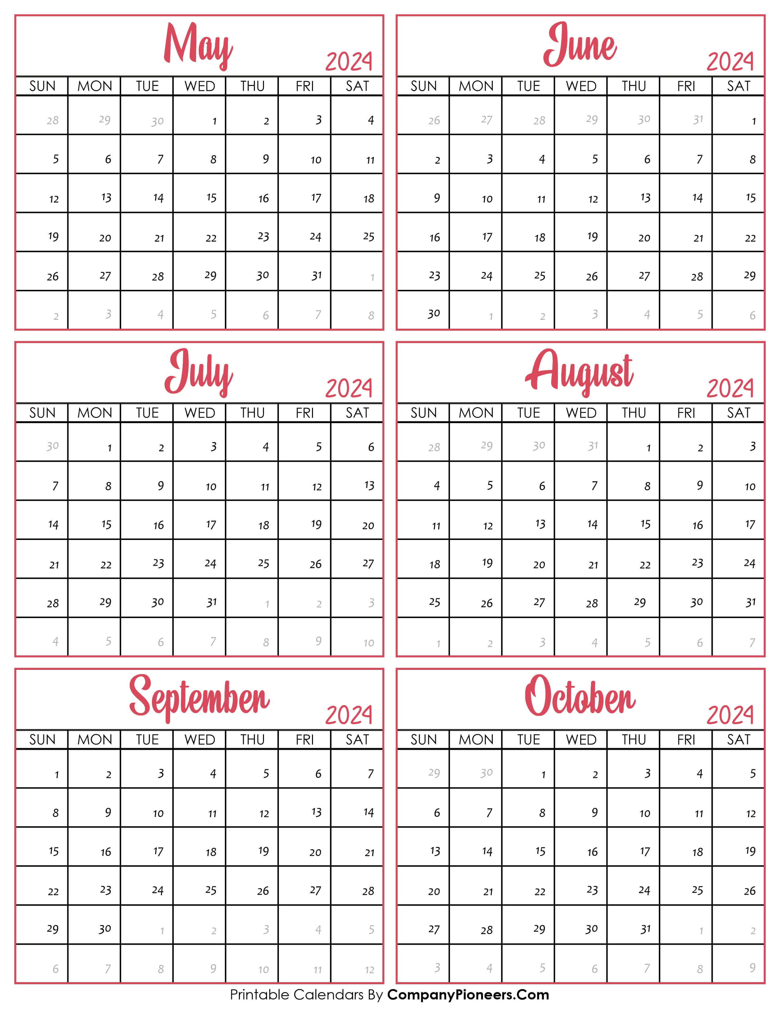 Calendar May to October 2024