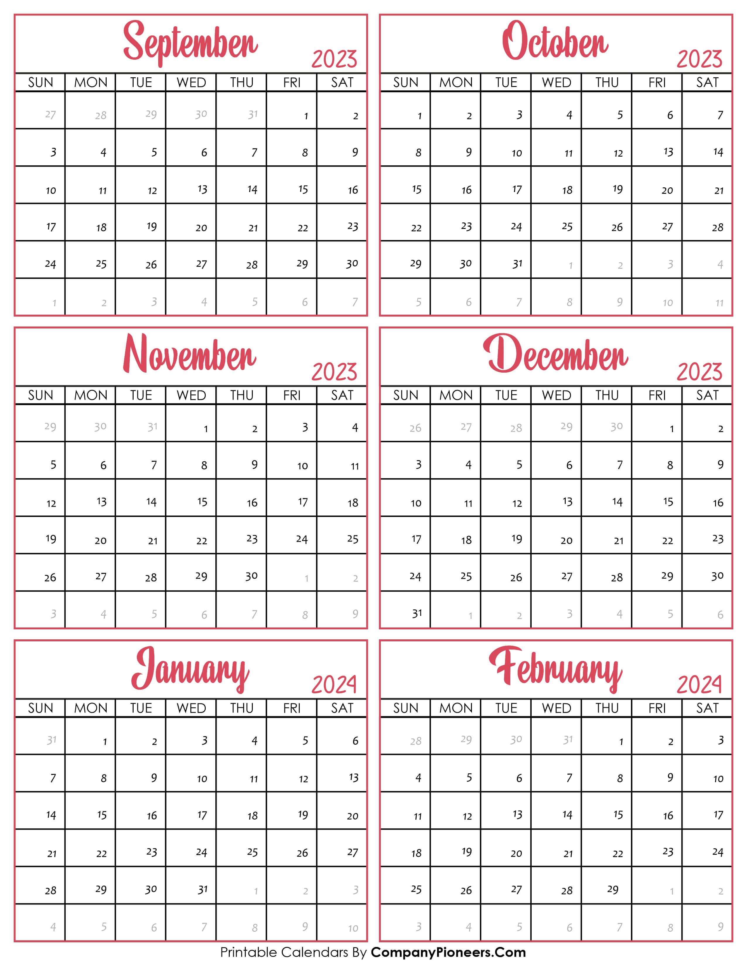 Calendar September 2023 to February 2024