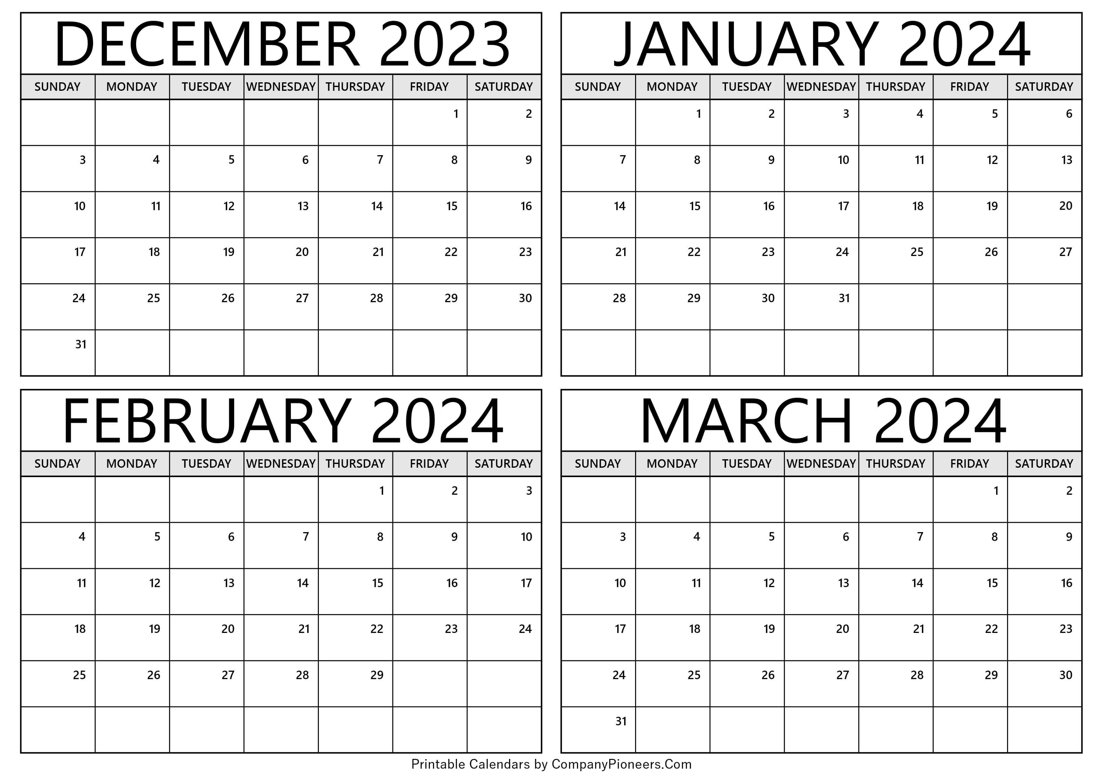 December 2023 to March 2024 Calendar