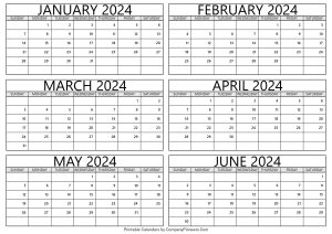 January 2024 to June 2024 Calendar