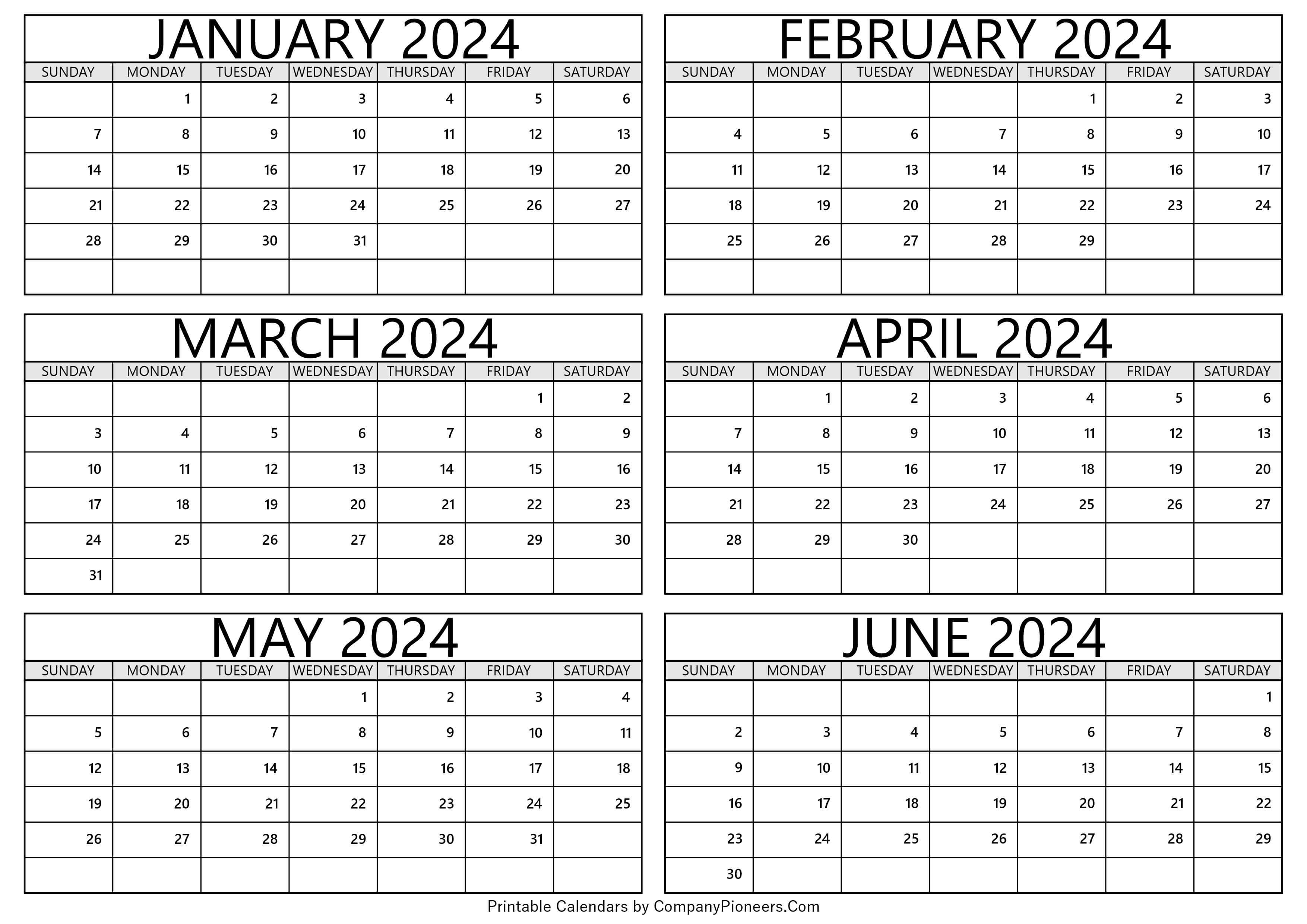 January 2024 to June 2024 Calendar
