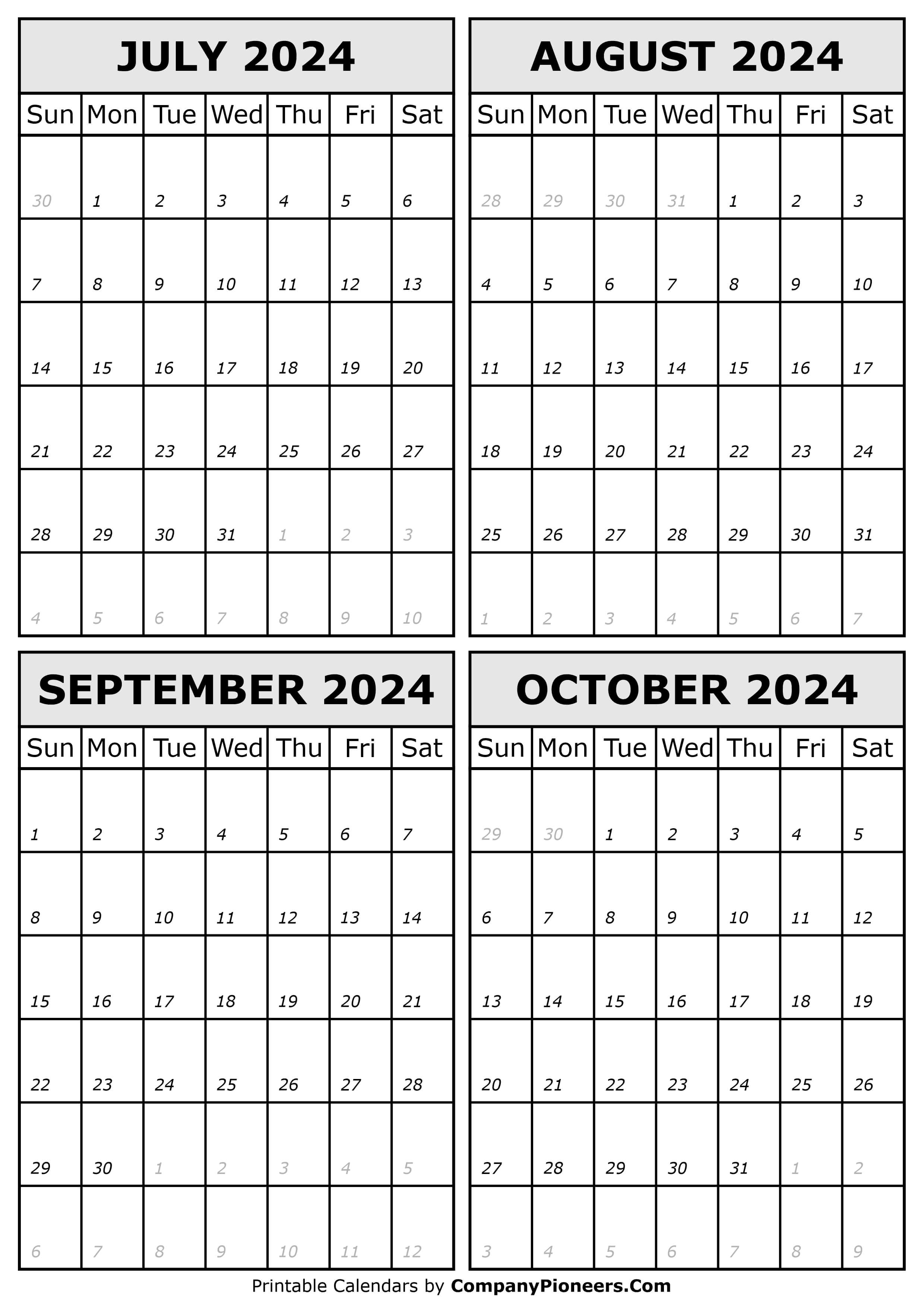 July August September October 2024 Calendar