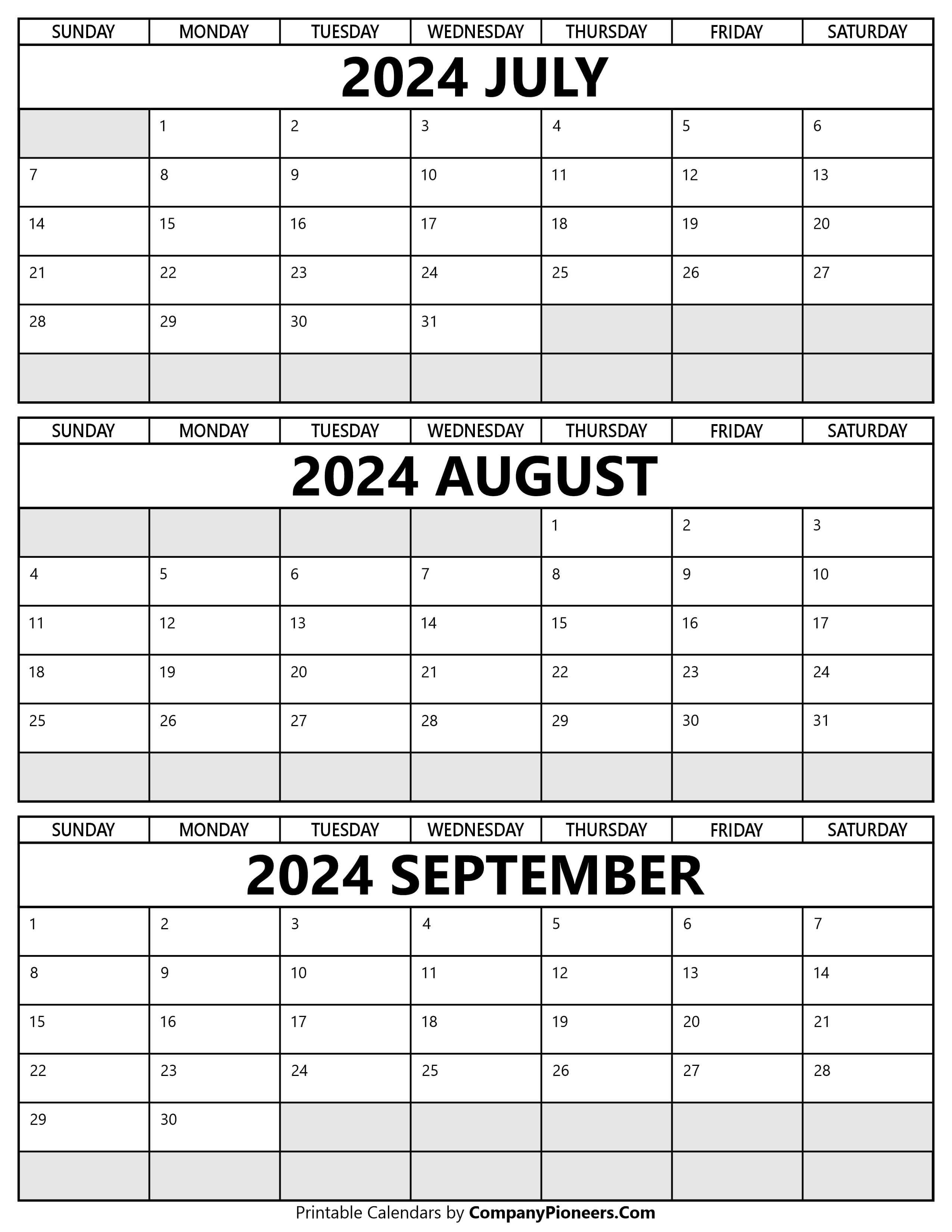 July to September 2024 Calendar
