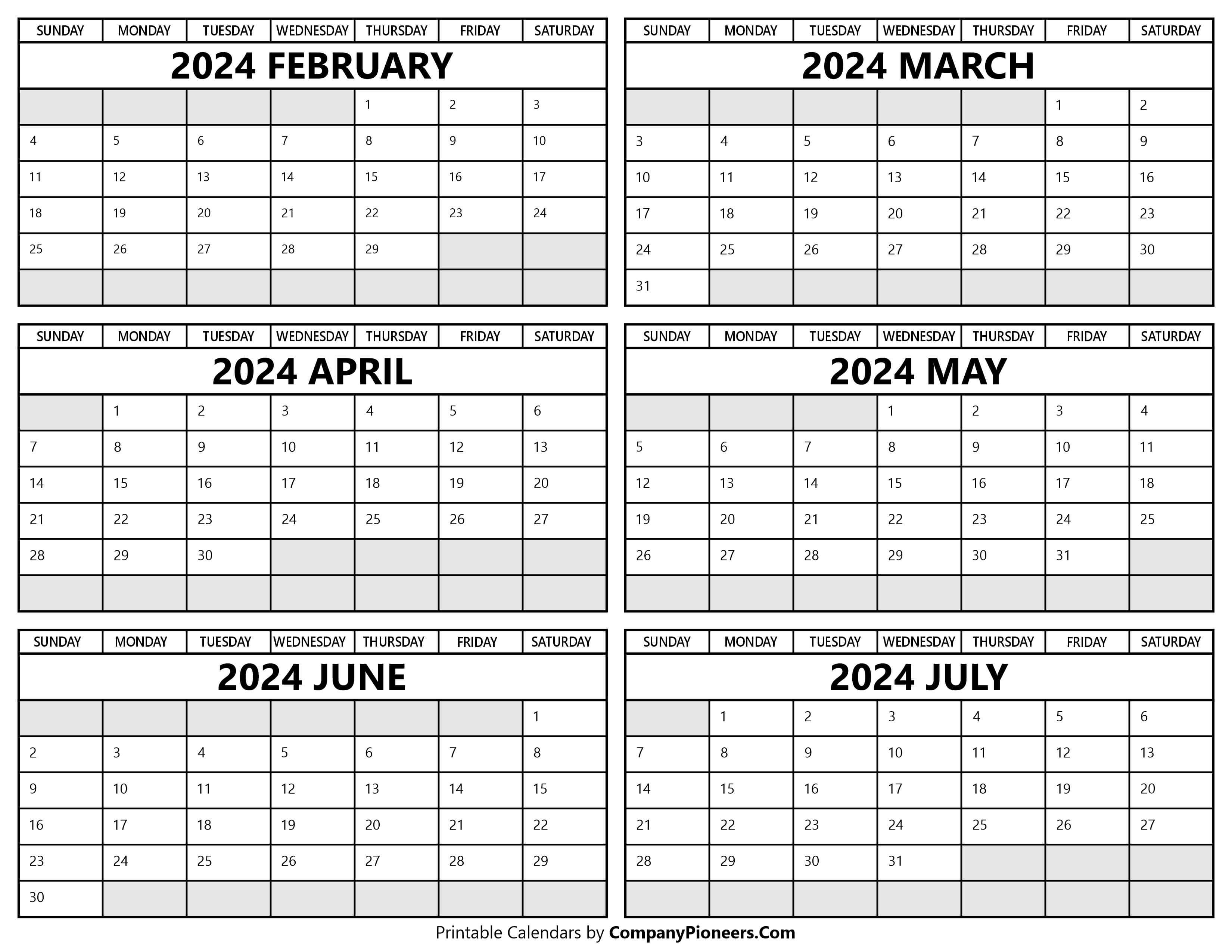 Printable 2024 February to July Calendar