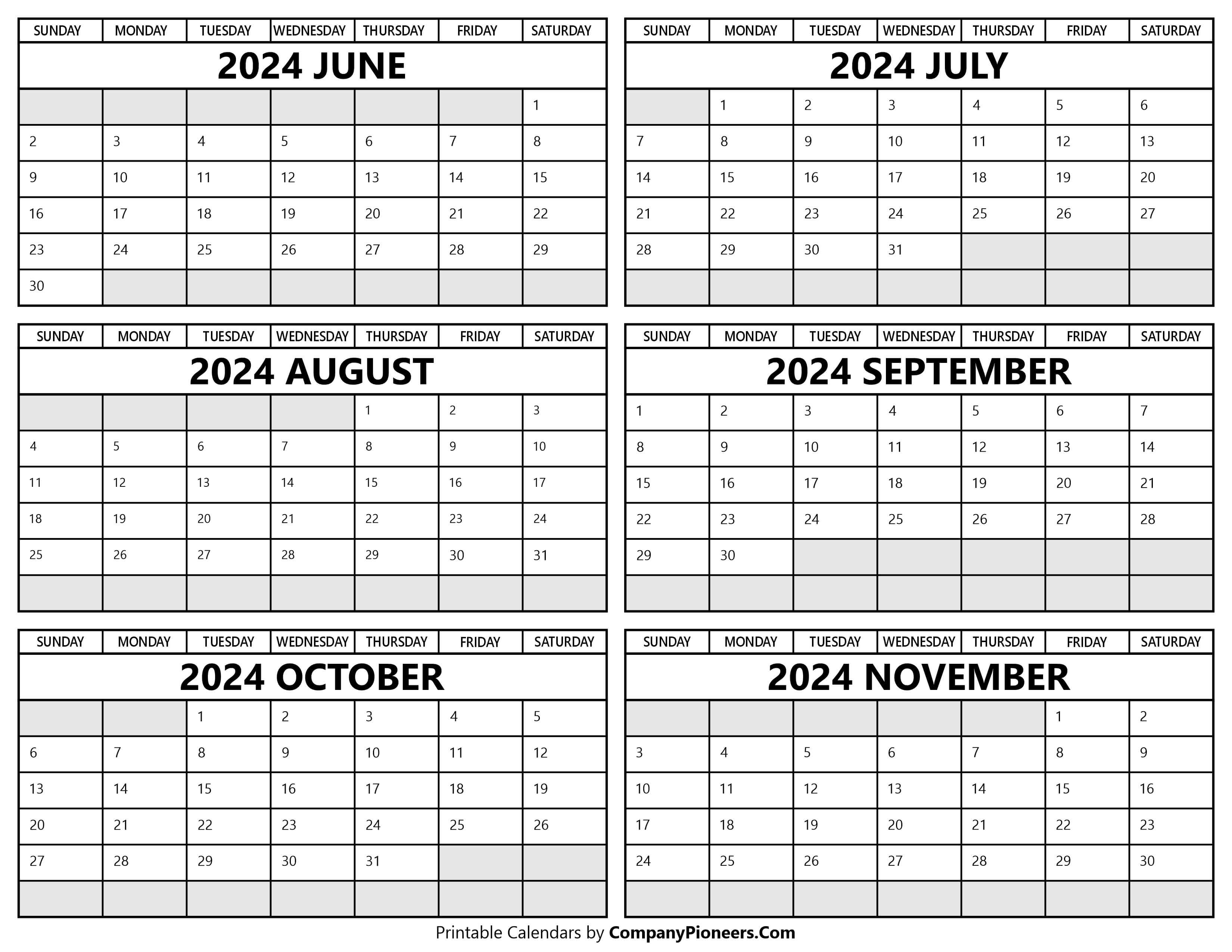 Printable 2024 June to November Calendar