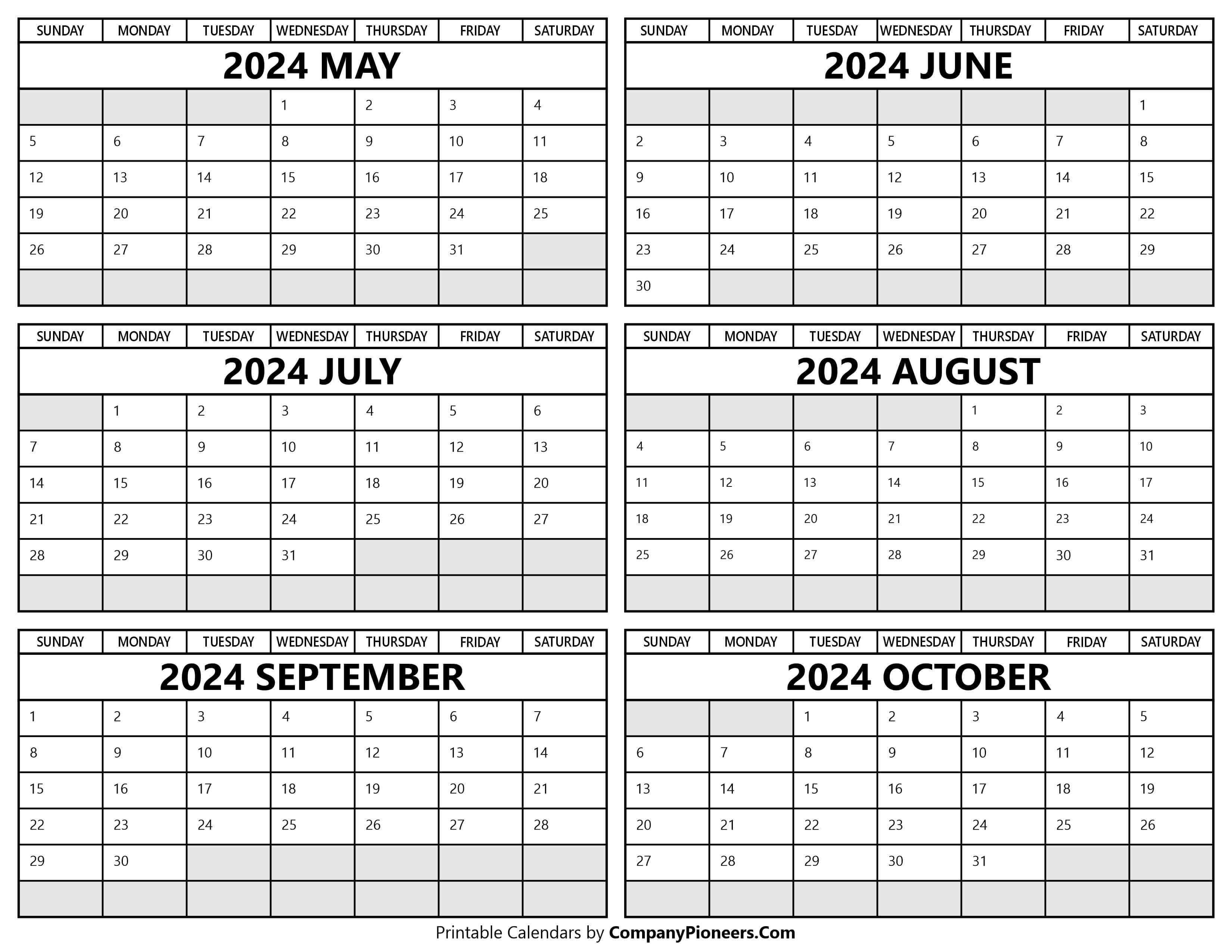 Printable 2024 May to October Calendar
