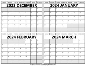 Printable December 2023 to March 2024 Calendars
