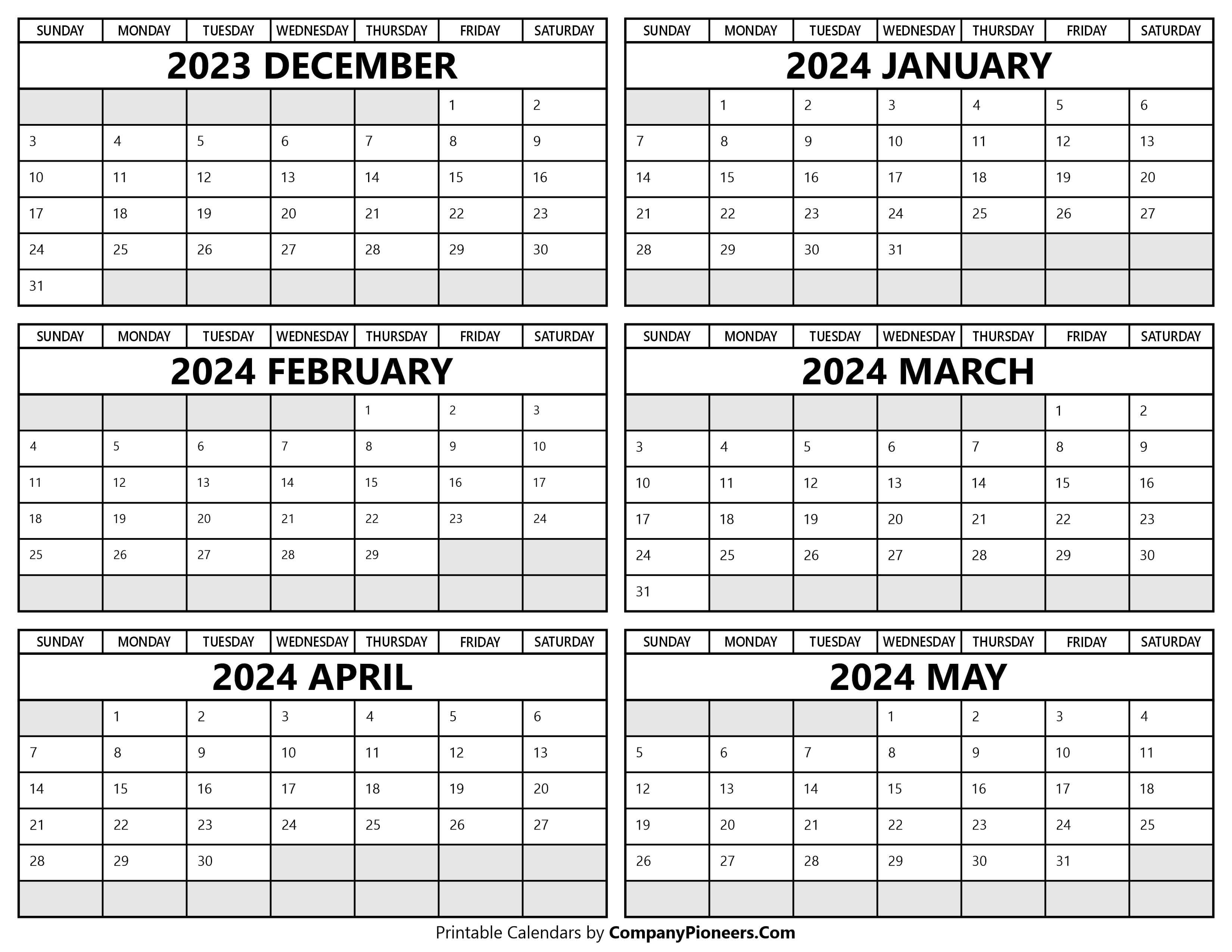 Printable December 2023 to May 2024 Calendar