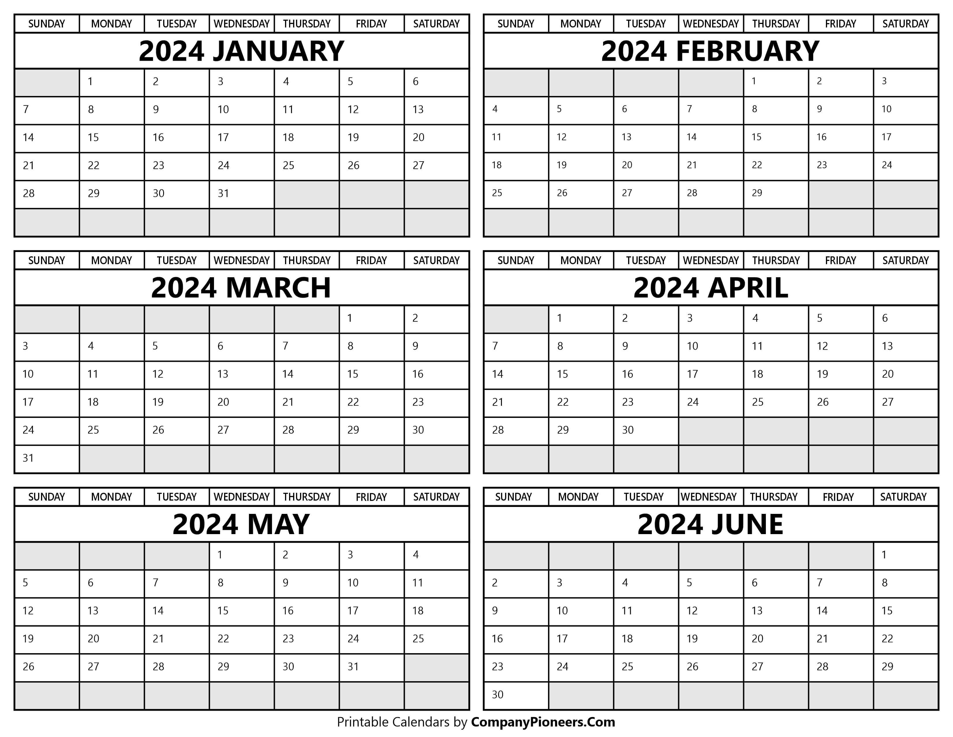 Printable January 2024 to June Calendar 2024