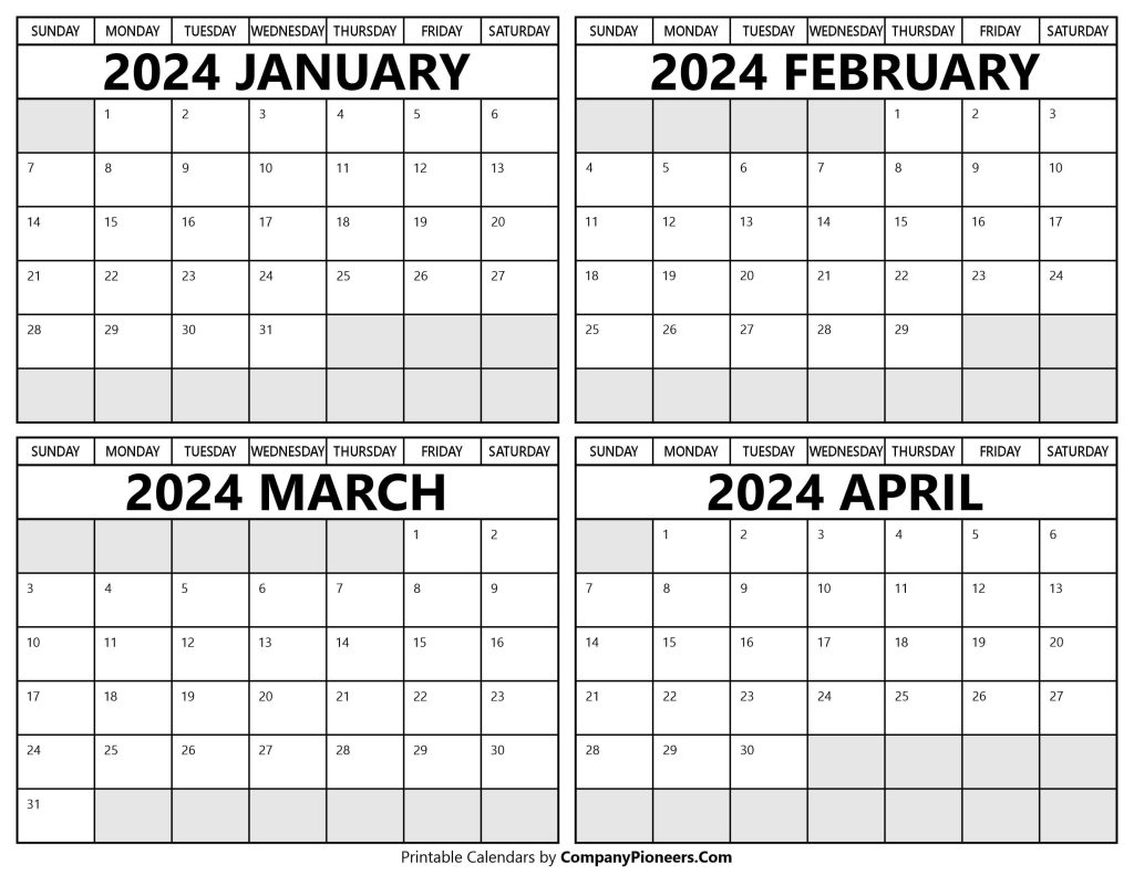 January to April 2024 Calendar Printable Template
