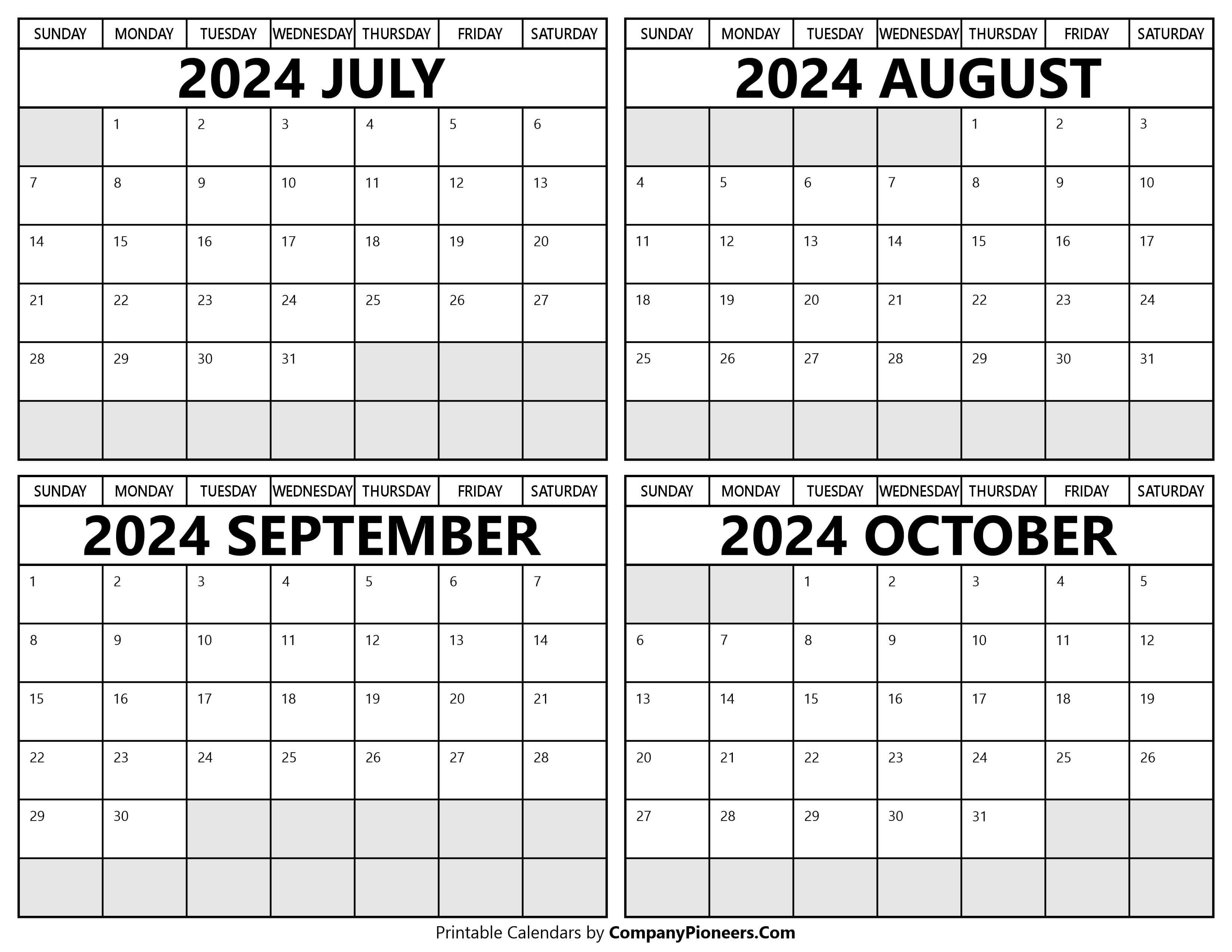 Printable July to October 2024 Calendars
