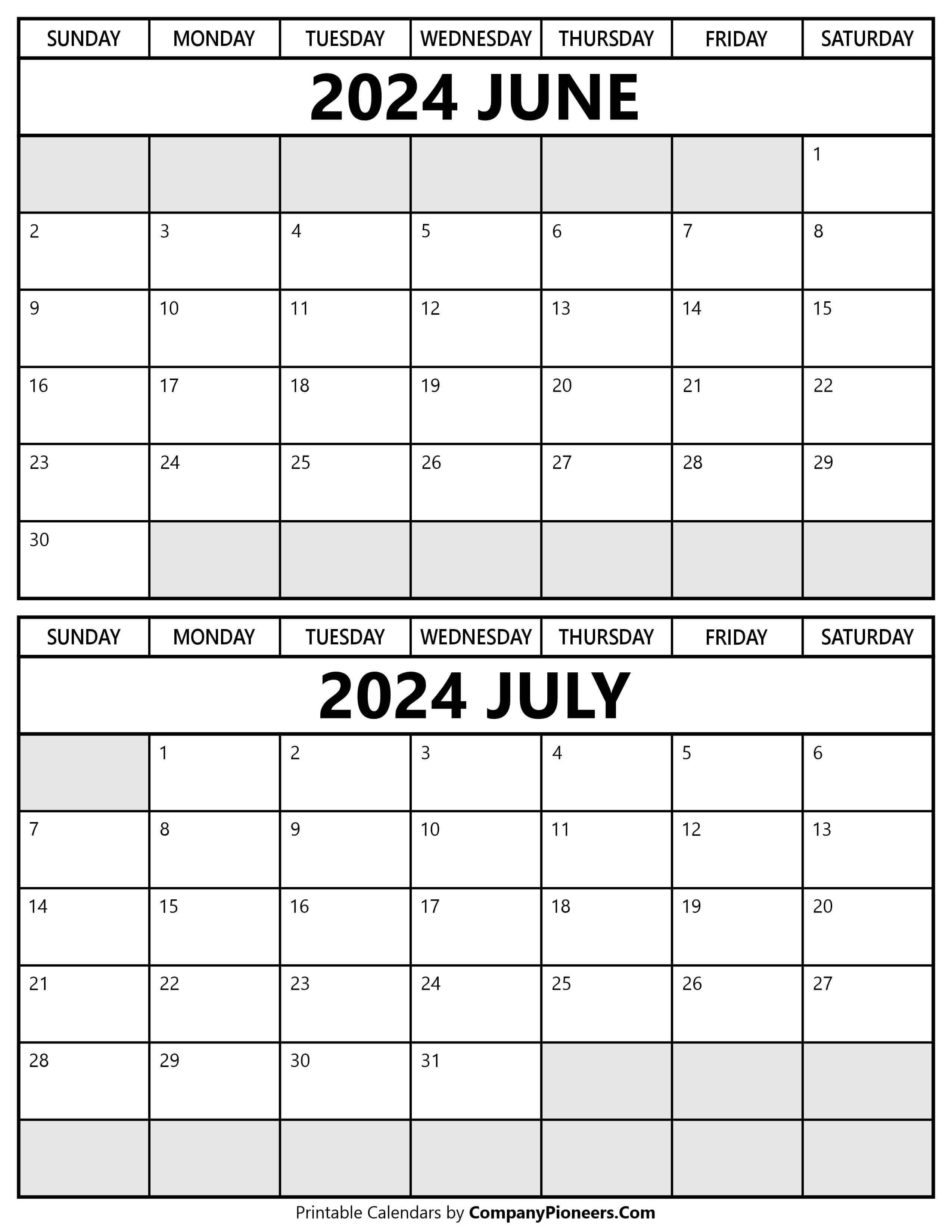 Printable June July 2024 Calendar