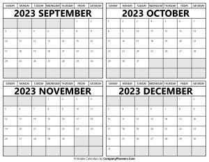 Printable September to December 2023 Calendars