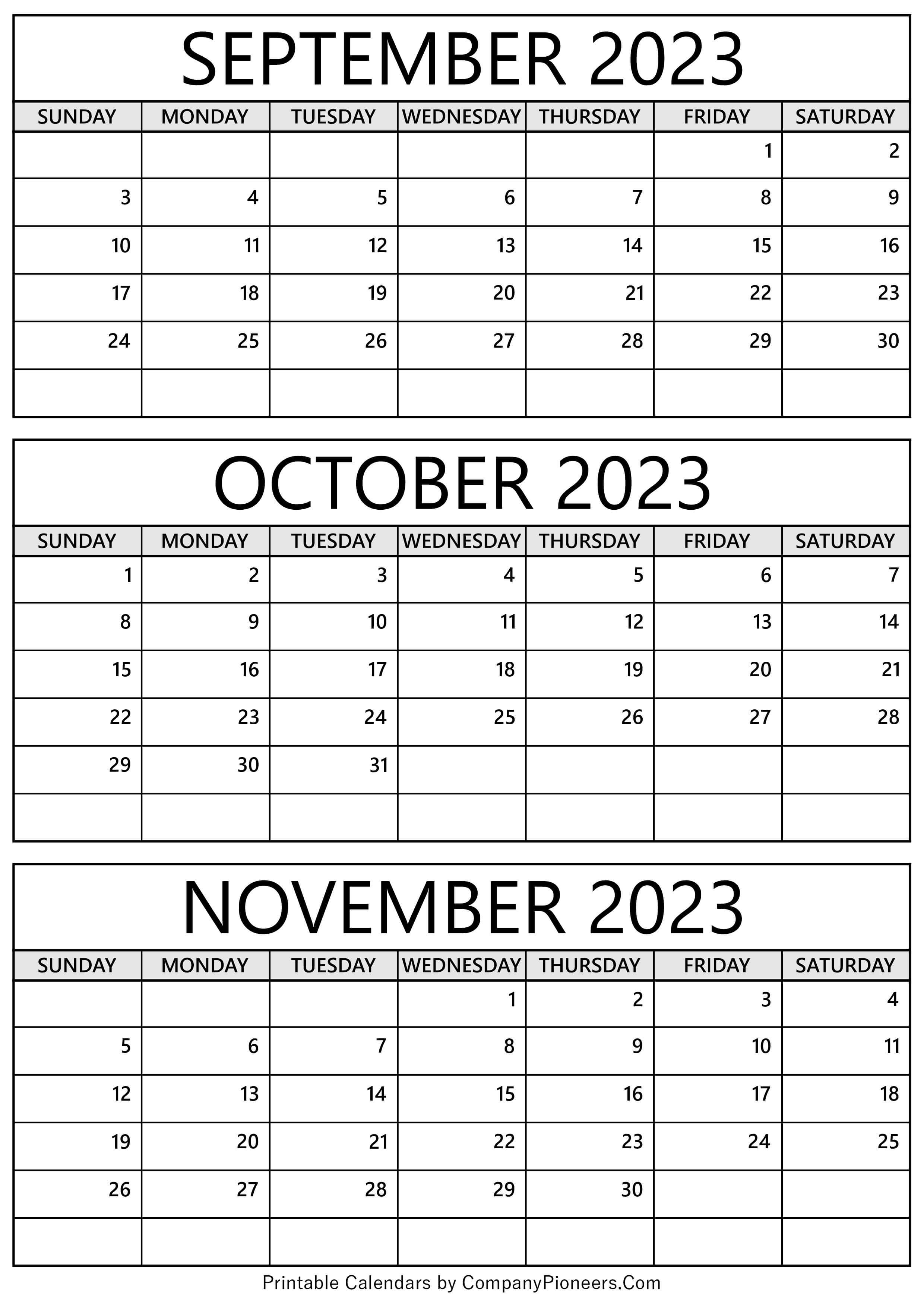 September October November 2023 Calendar
