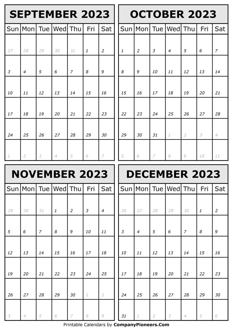 September to December 2023 Calendar Printable Template
