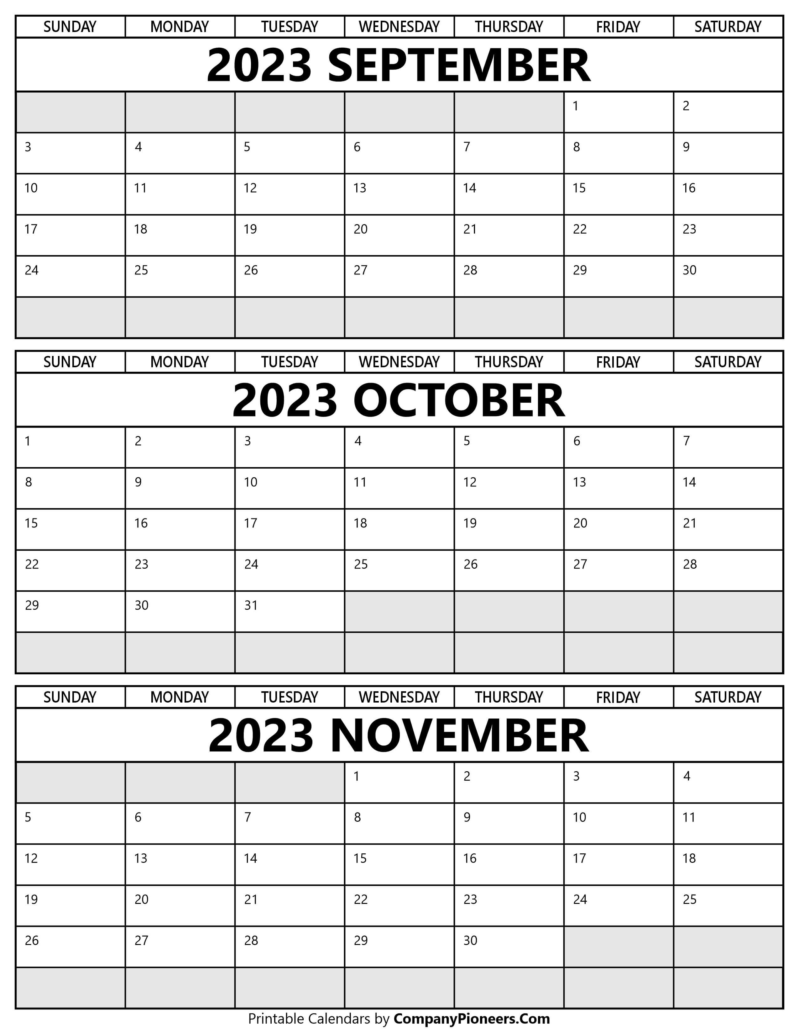 September to November 2023 Calendar