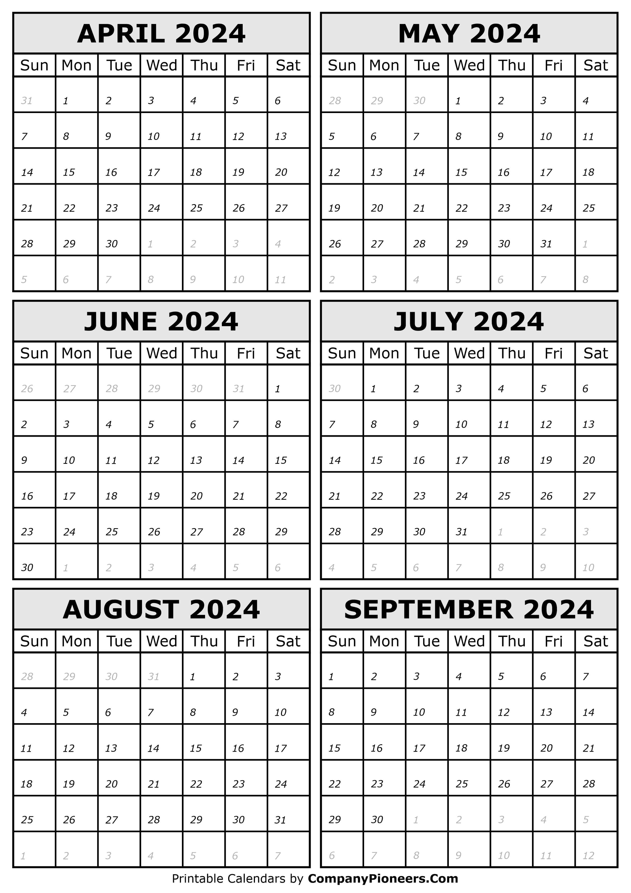 2024 April to September Calendar