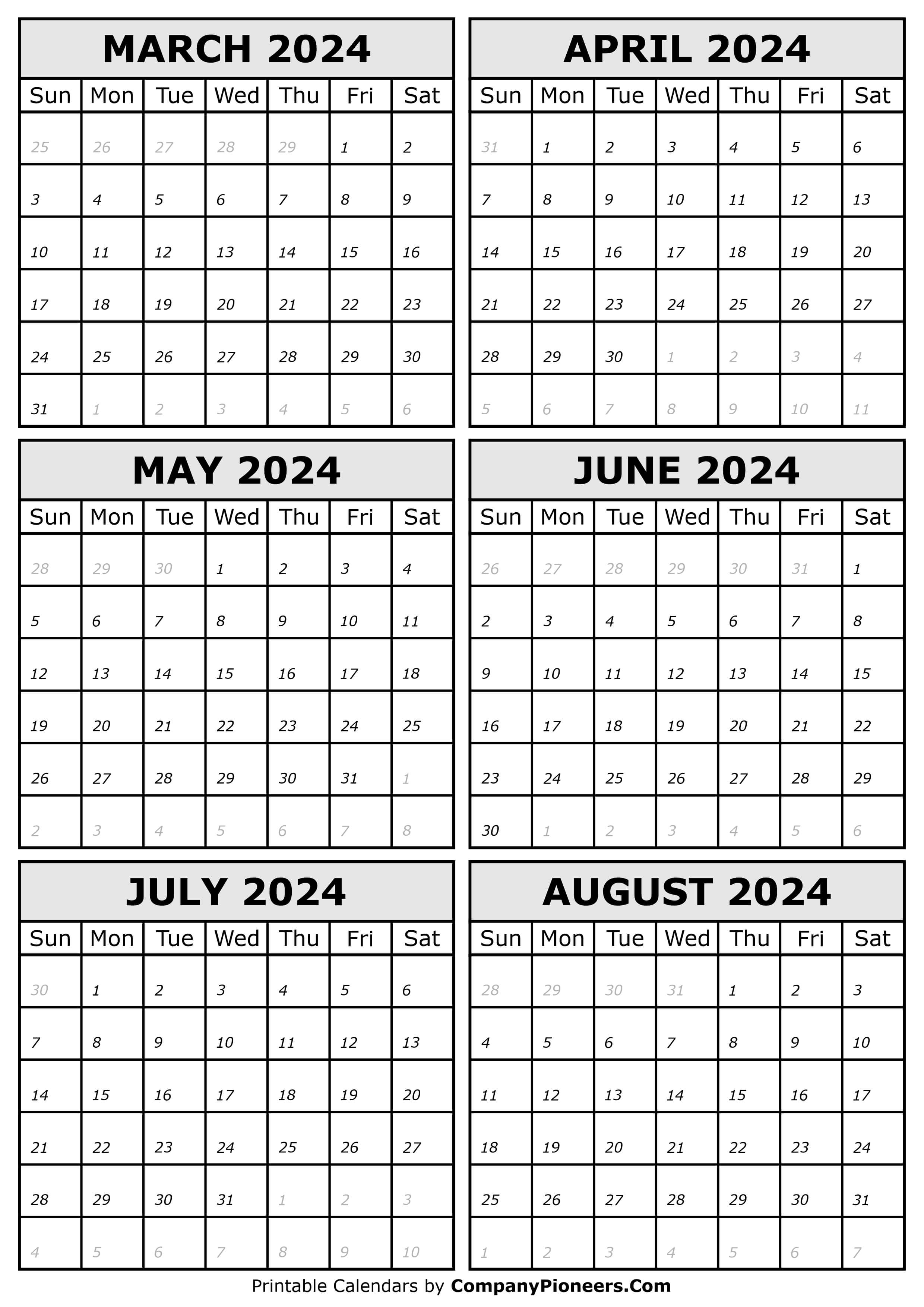 2024 March to August Calendar