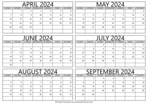 April to September 2024 Calendar