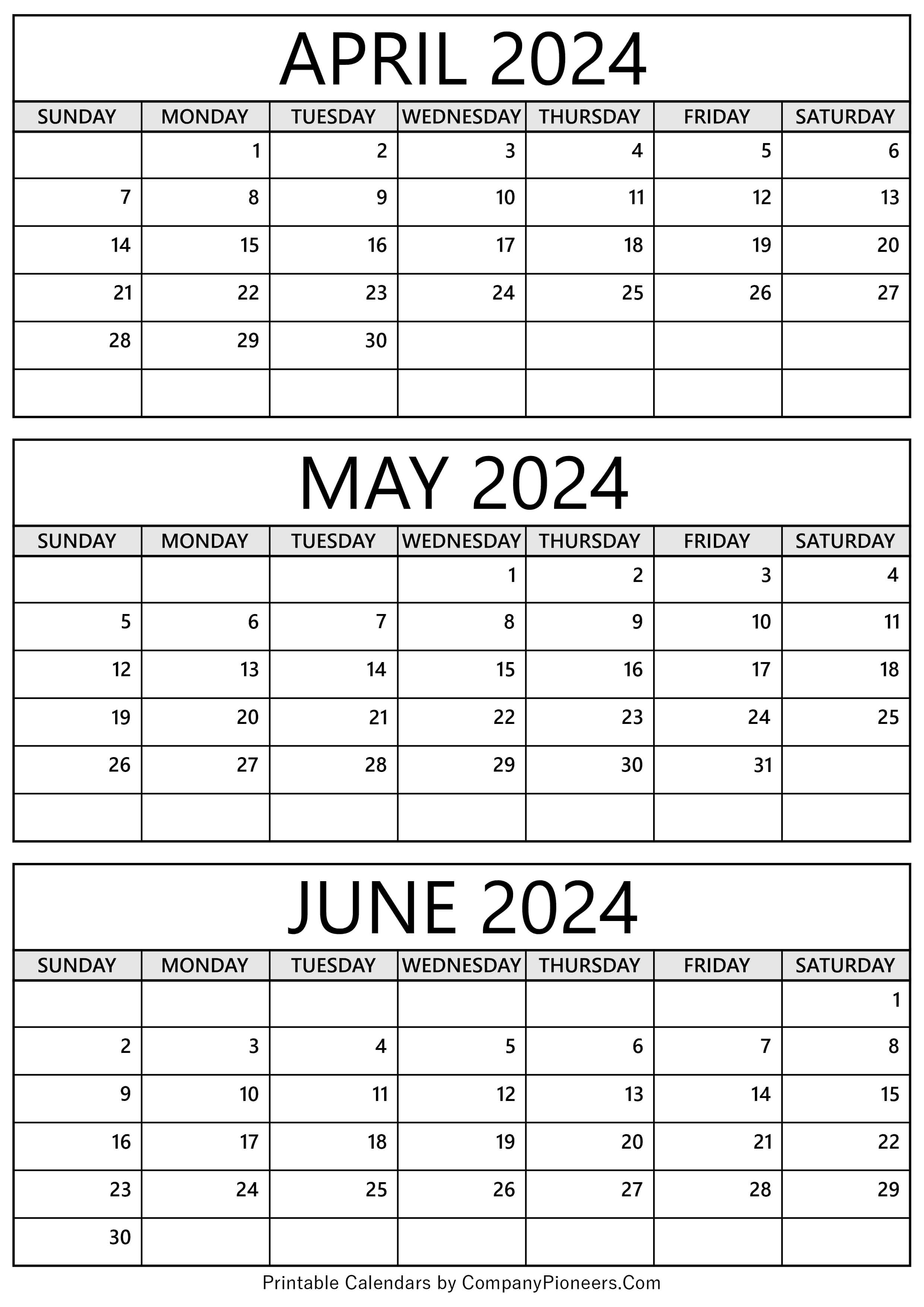 Calendar April May June 2024