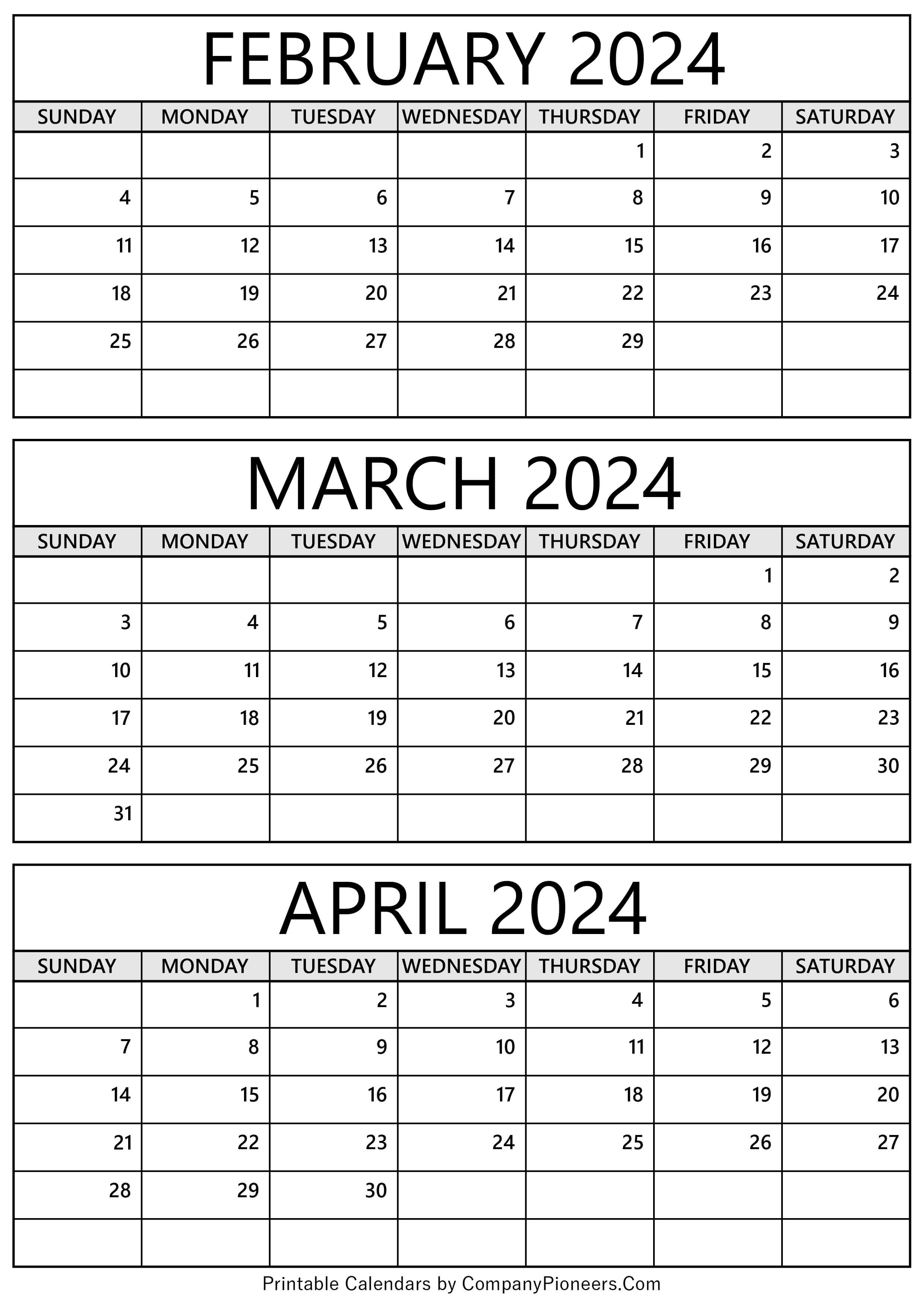 Calendar February March April 2024