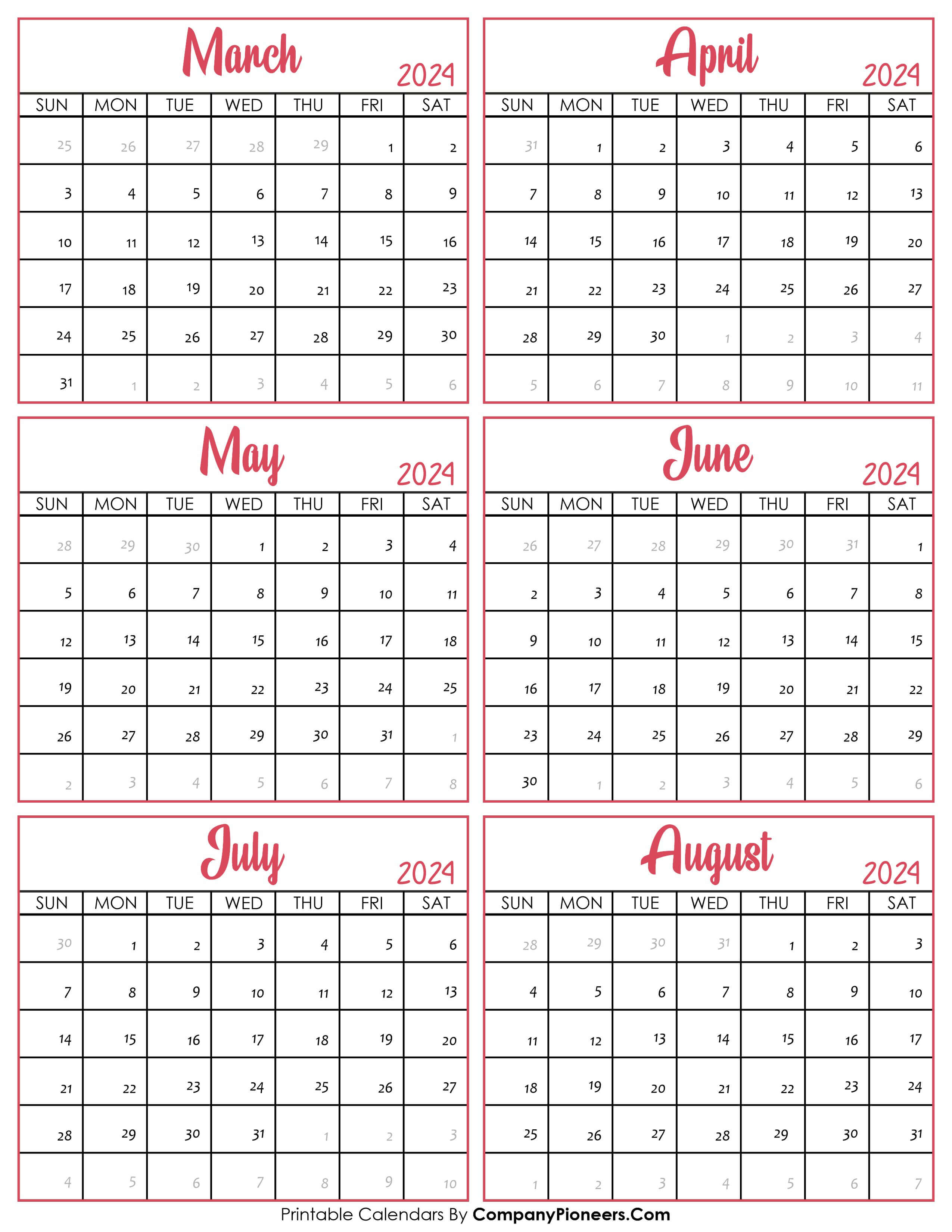 Calendar March to August 2024