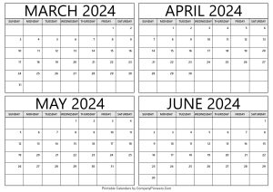 Calendar March to June 2024