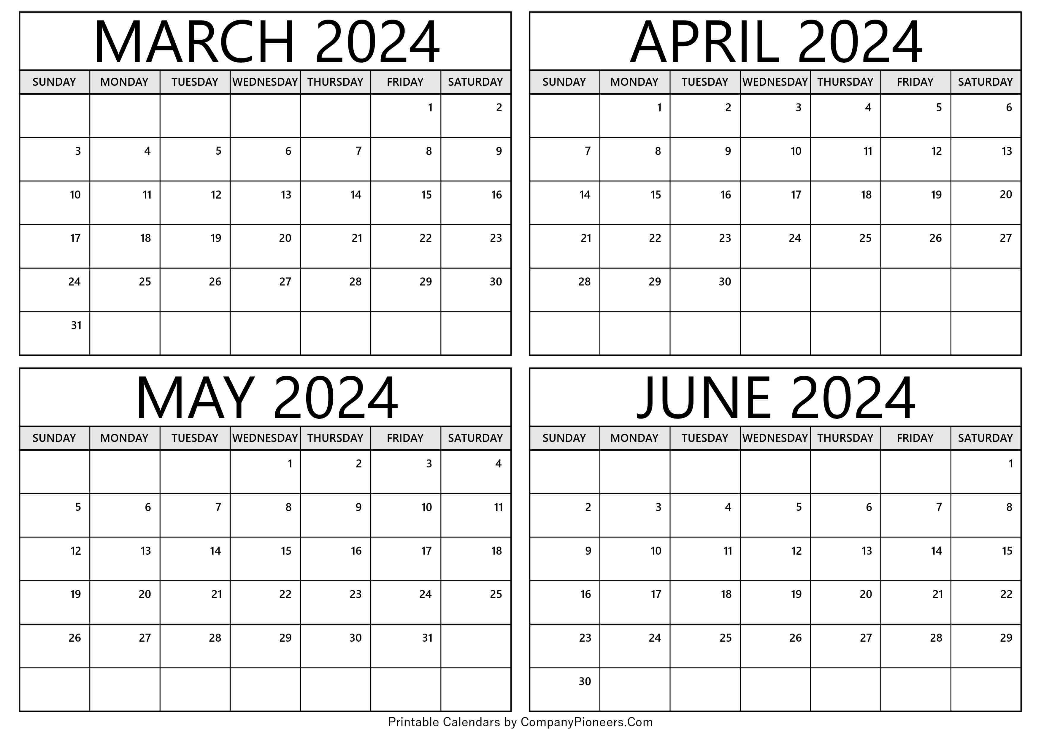 Calendar March to June 2024