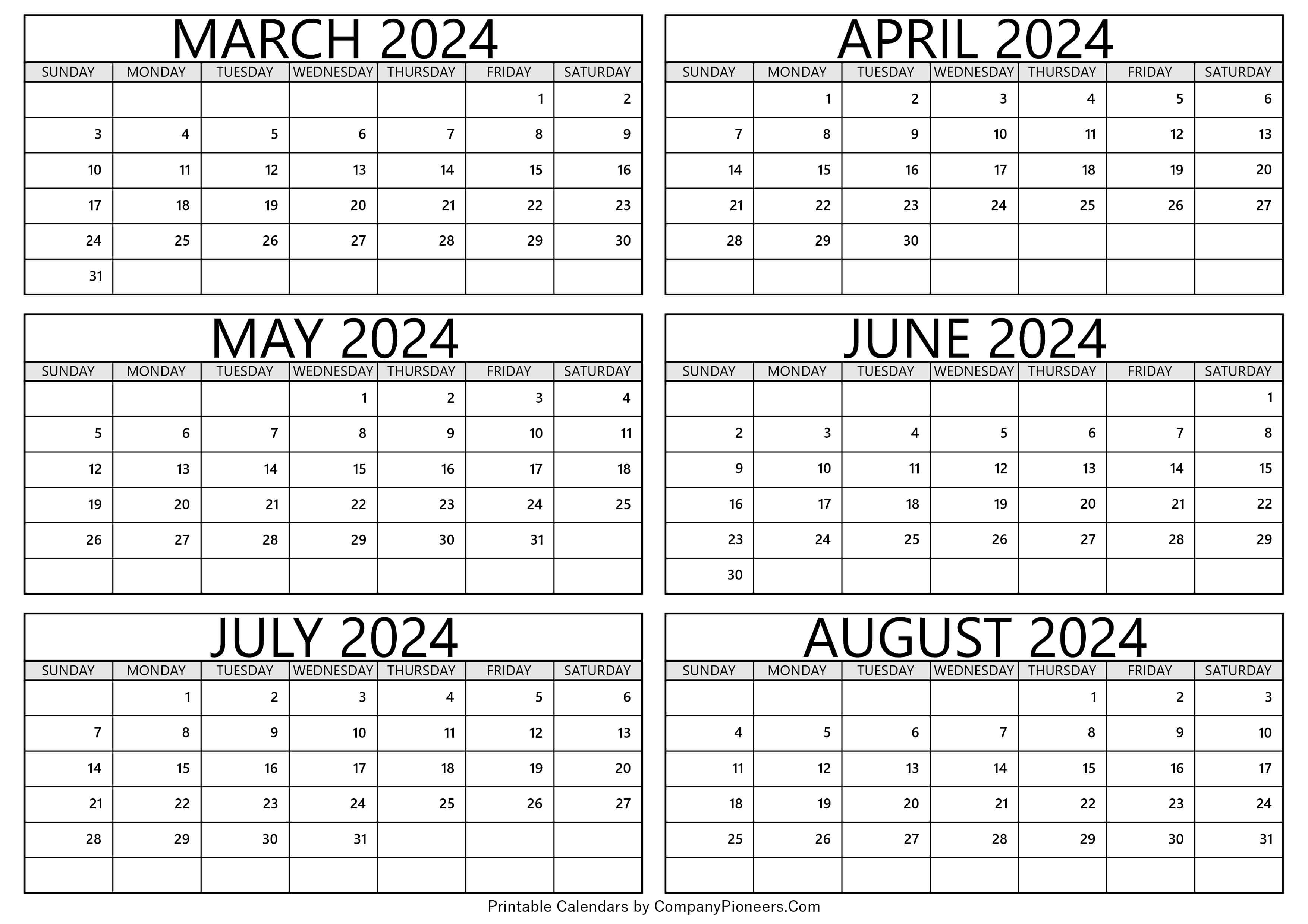 March to August 2024 Calendar