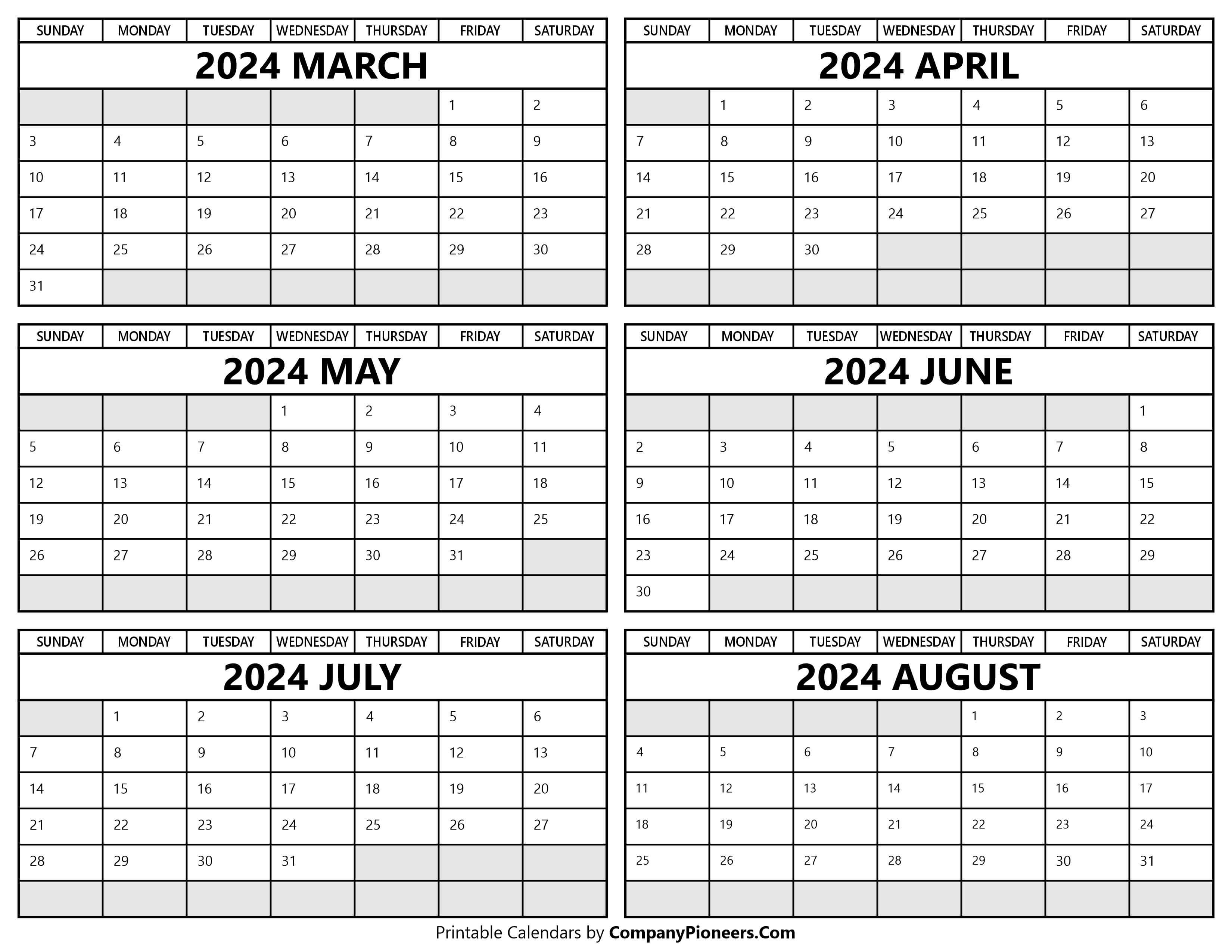 Printable 2024 March to August Calendar