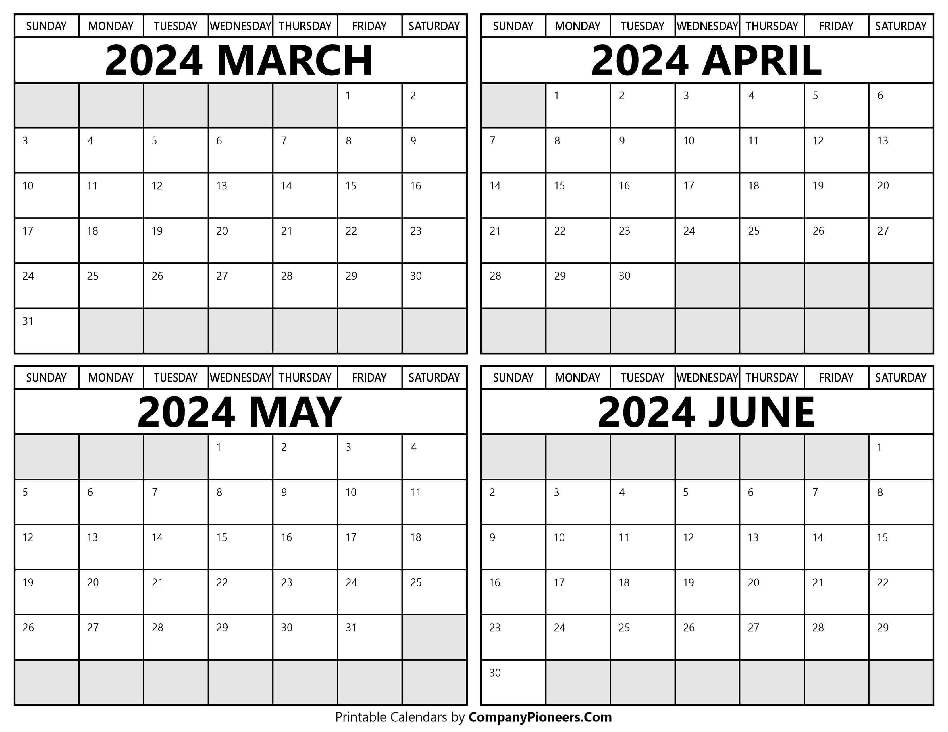 Printable March to June 2024 Calendars