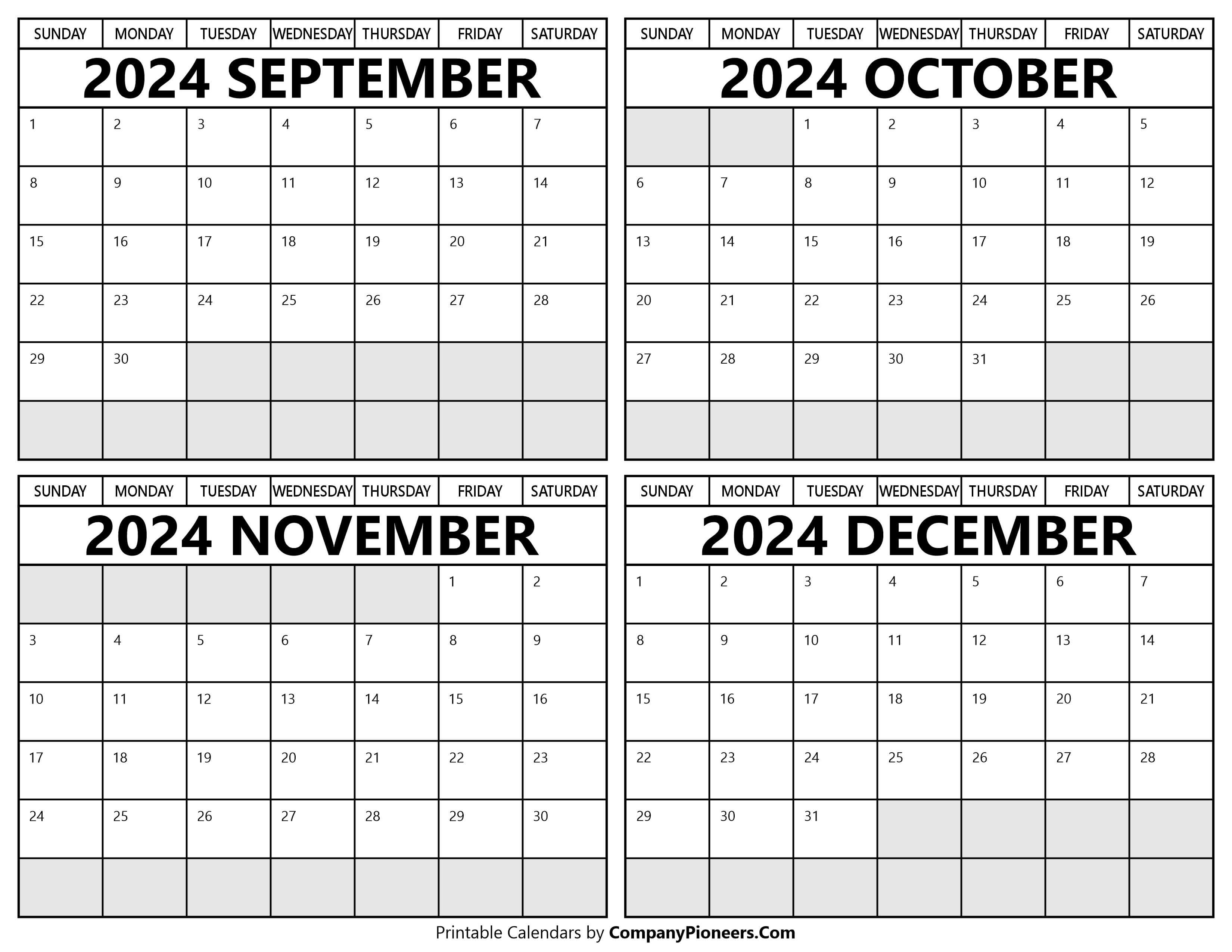 Printable September to December 2024 Calendars
