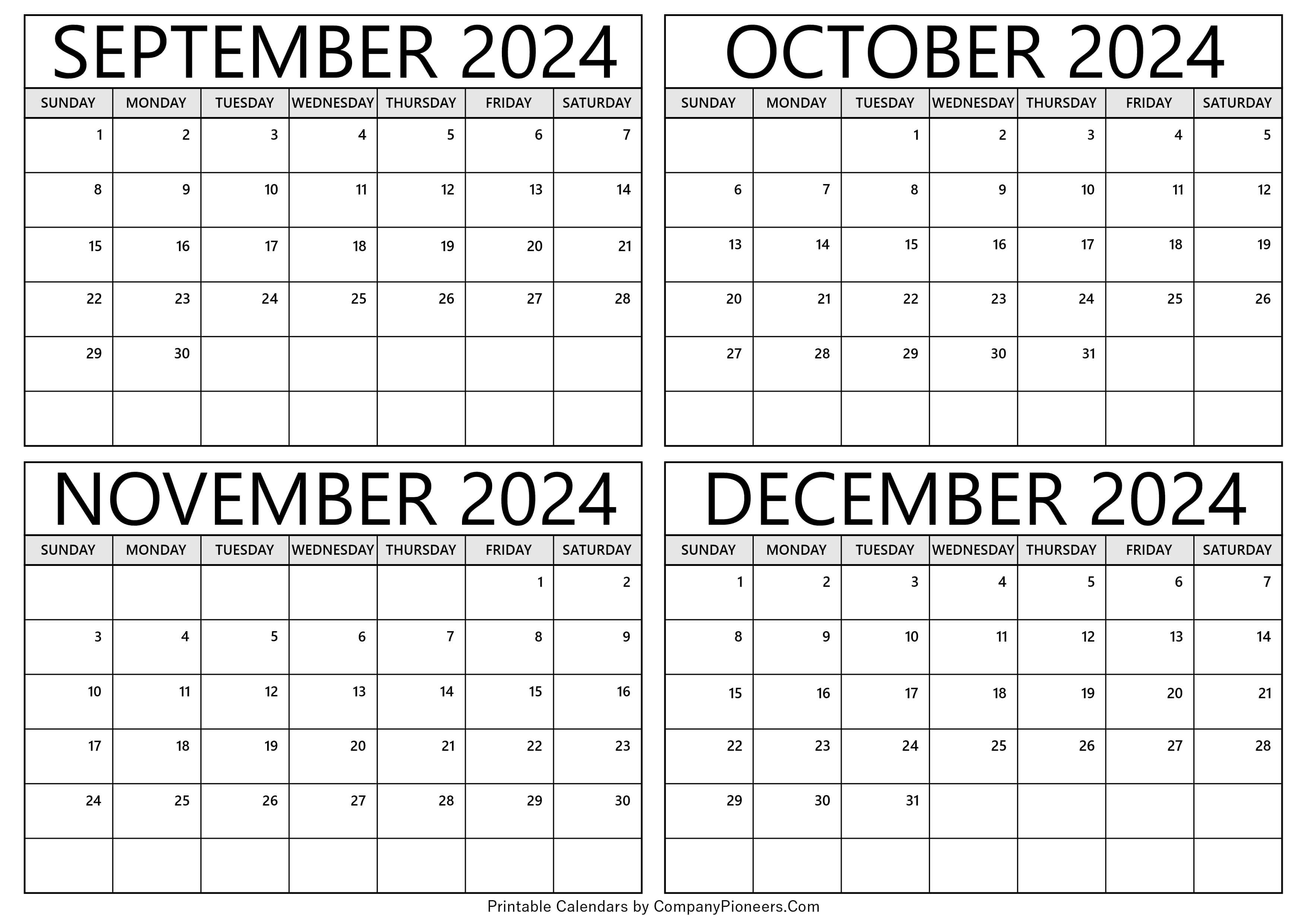 September to December 2024 Calendar